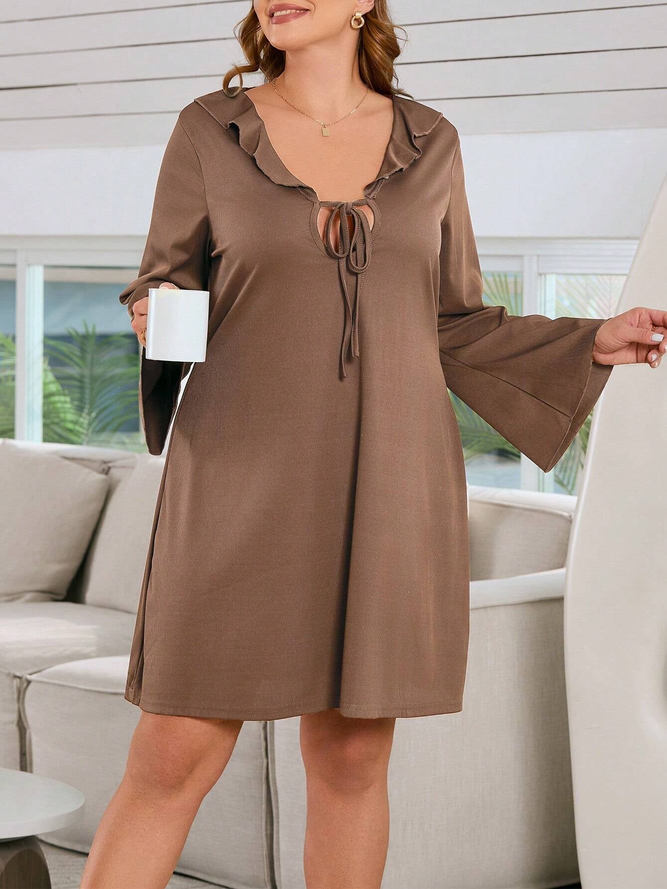 Plus Size Solid Color Ruffle Hem Sleep Dress with Tie Shoulder Straps and Flared Sleeves