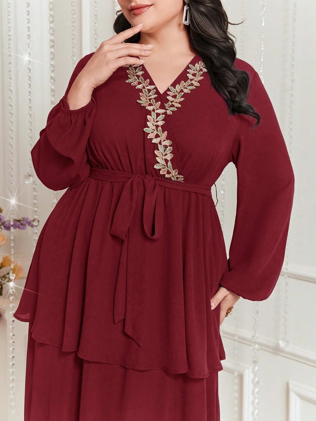 Modely plus Size Embroidered Decor Lantern Sleeve Dress