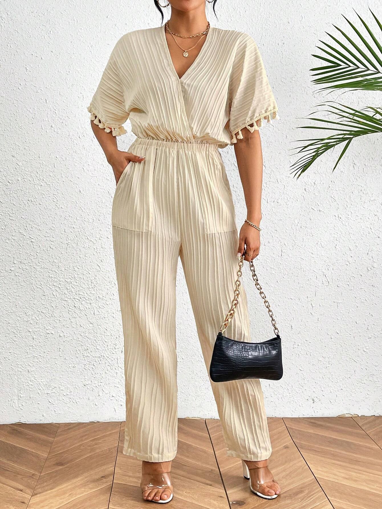 Privé Ladies' Solid Color V-Neck Waist Cinched Straight-Leg Jumpsuit