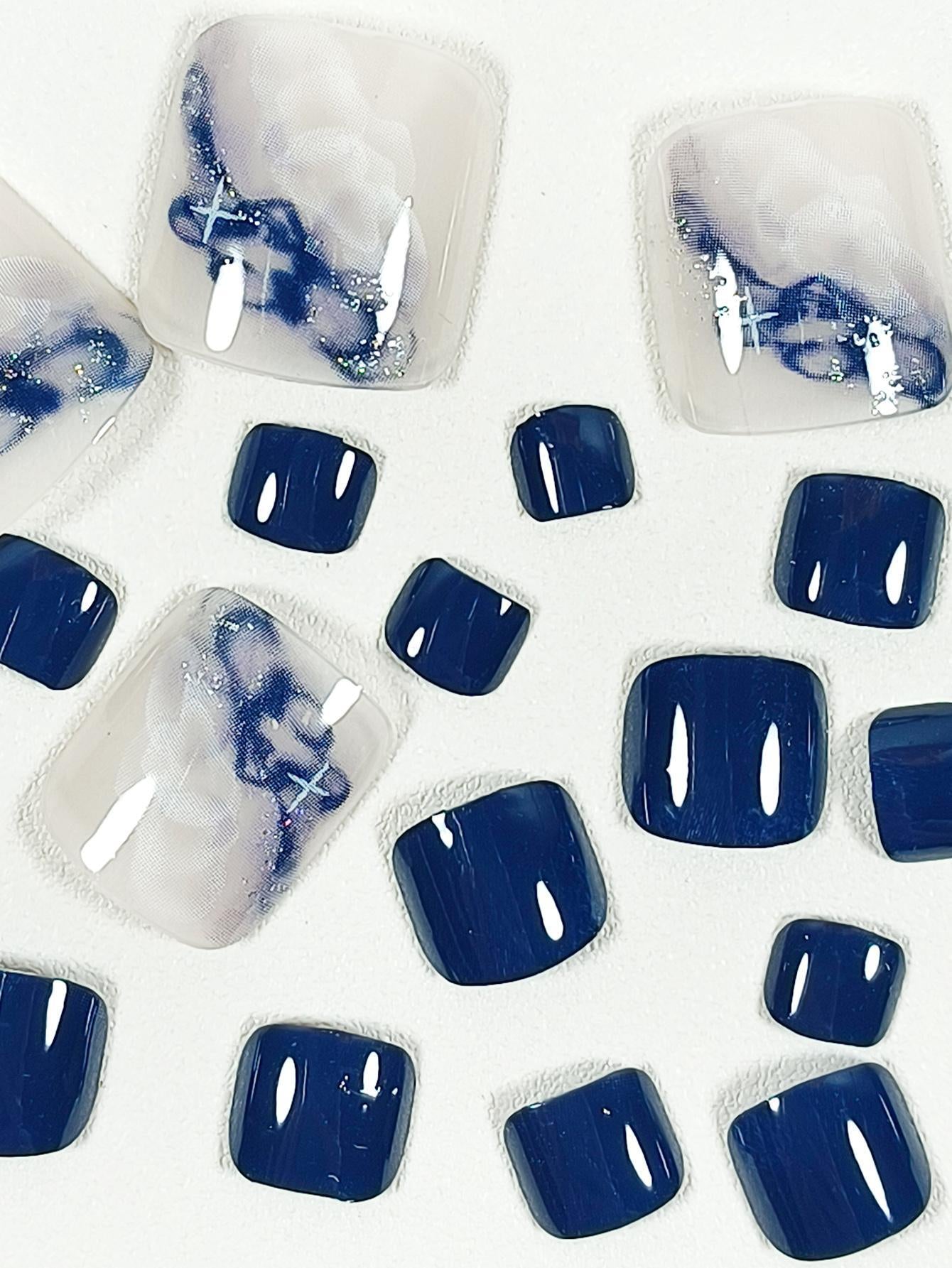 Upgrade Your Look with 24Pcs Short Square Sheer Full Cover Fake Toenail Press-On Pedicure Gel Nails Kit
