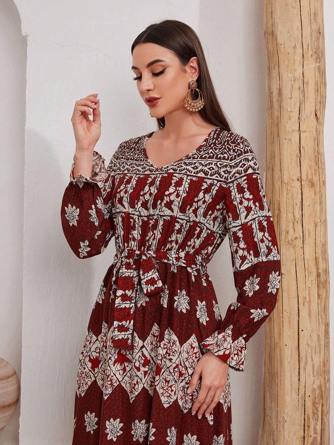 Mulvari Full Printed Long Sleeve Belted Dress