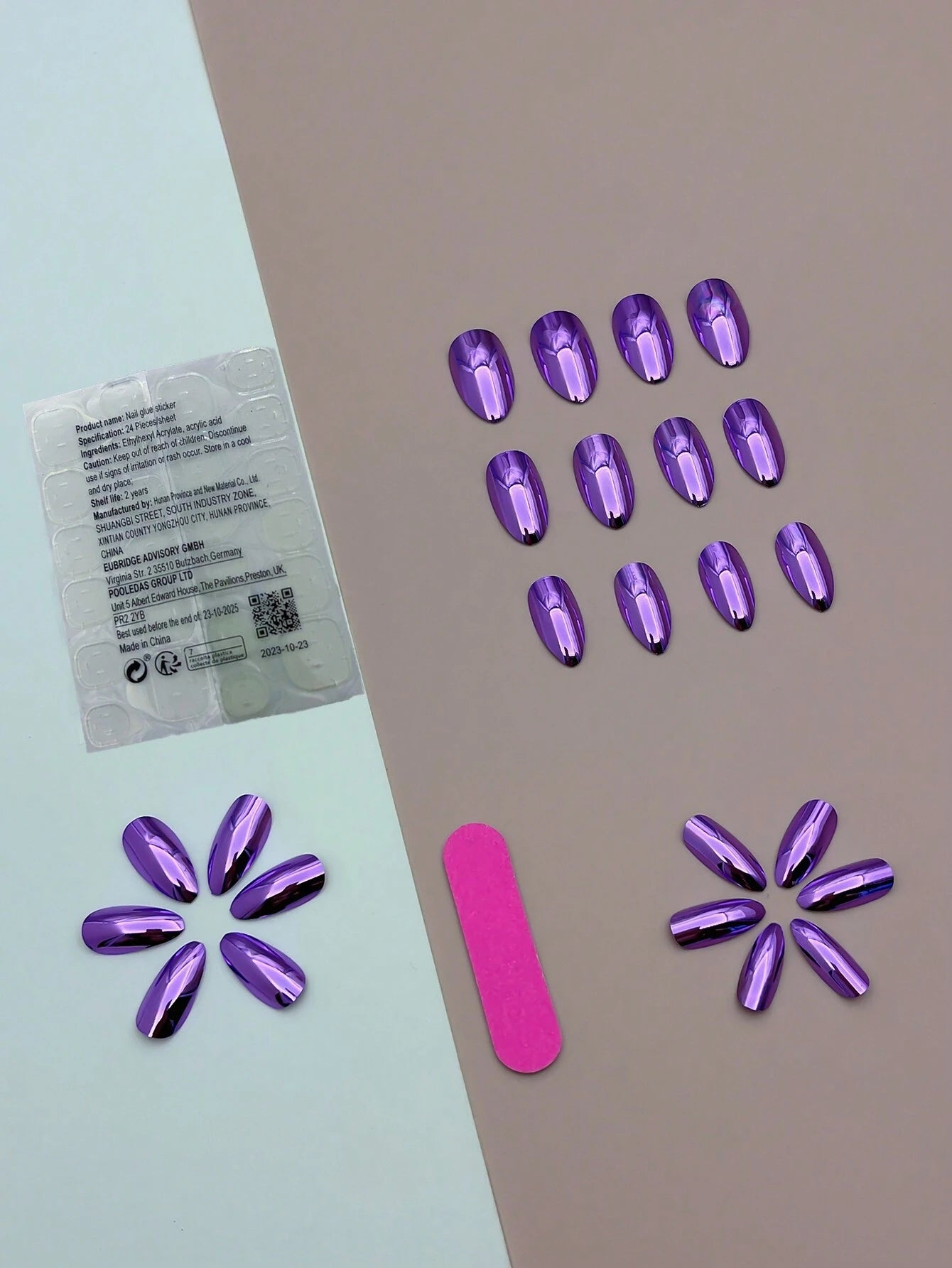 Transform Your Nails with 24Pcs Short Almond Purple Mirror Effect Solid Glossy Plain Fake Nail & 1Pc Nail File & 1Sheet Tape