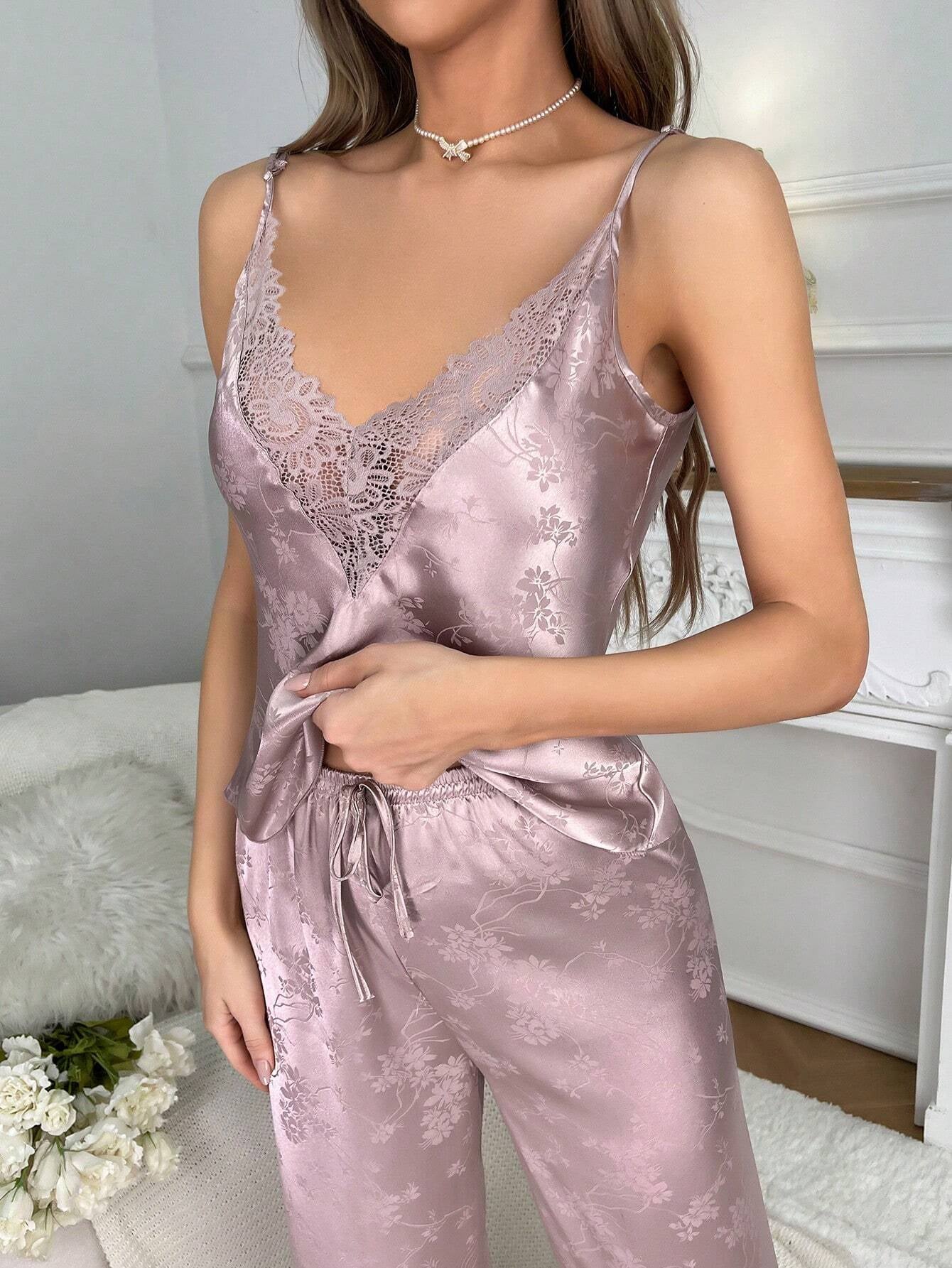 Floral Jacquard Contrast Lace Satin PJ Set