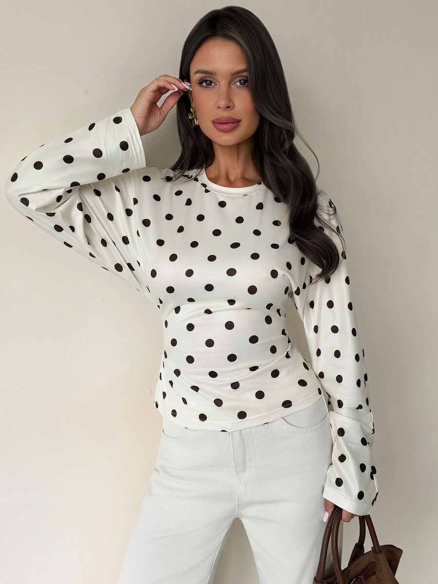 SHEIN Firerie تي شيرت بطبعة منقطة بياقة دائرية وأكمام فانوس وخصر محدد