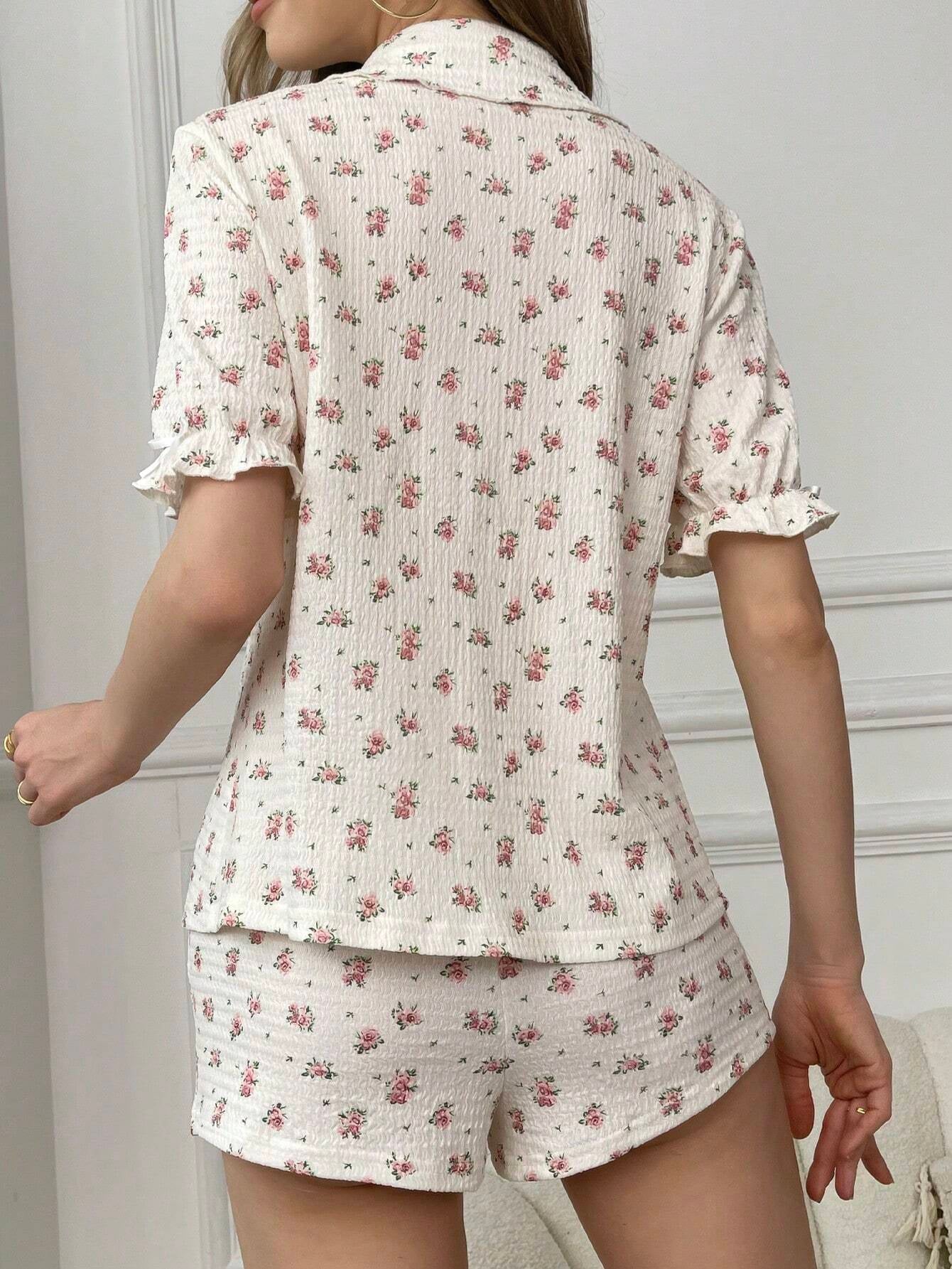Floral Print Turn-Down Collar Top and Shorts Pajama Set