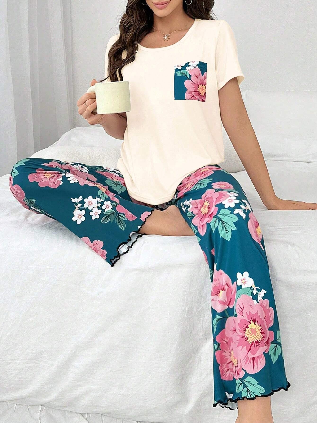 Color-Block Pocket Flower Printed Pajama Set