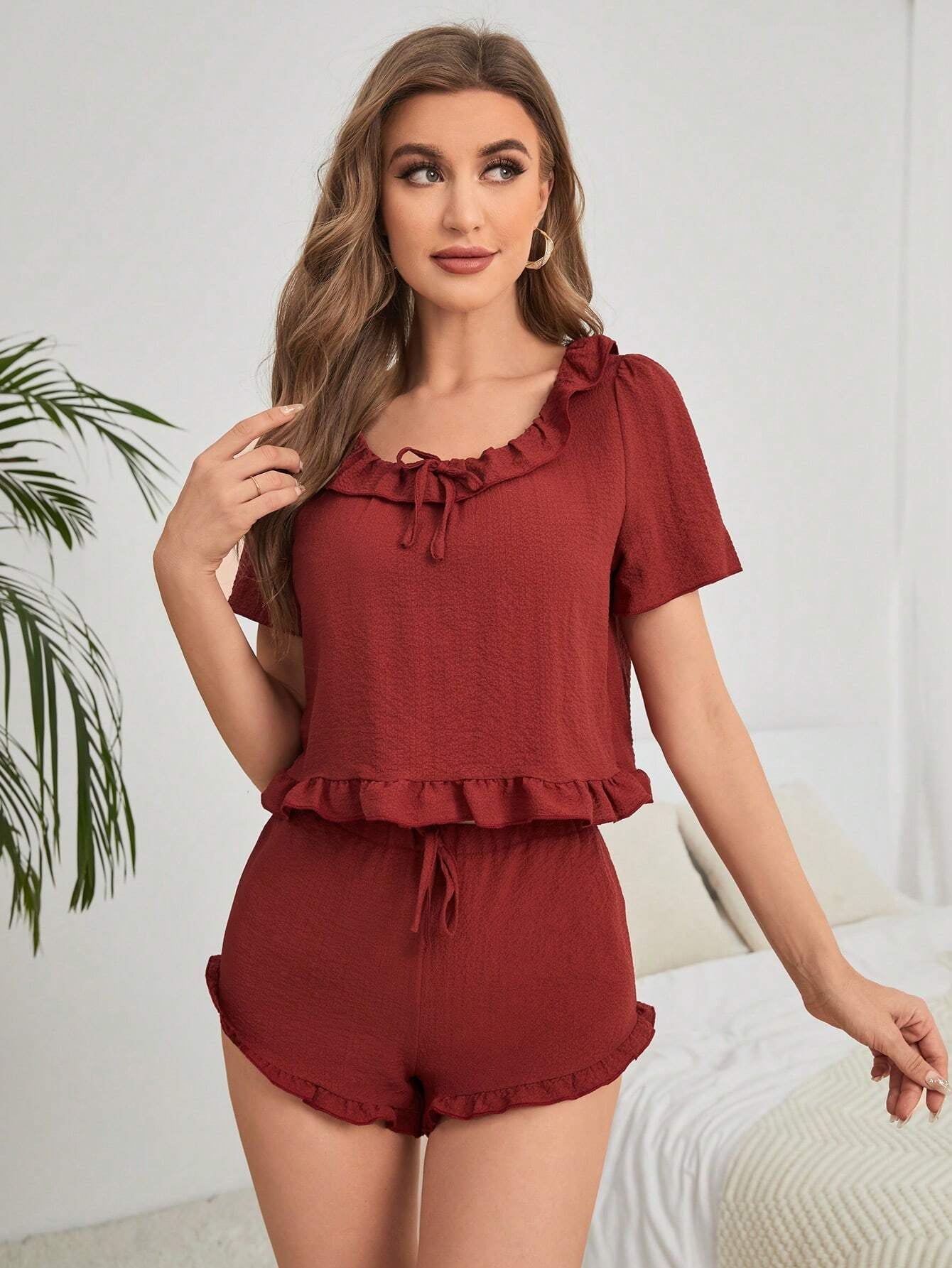 Ruffle Trim Tee & Tie Front Shorts Lounge Set