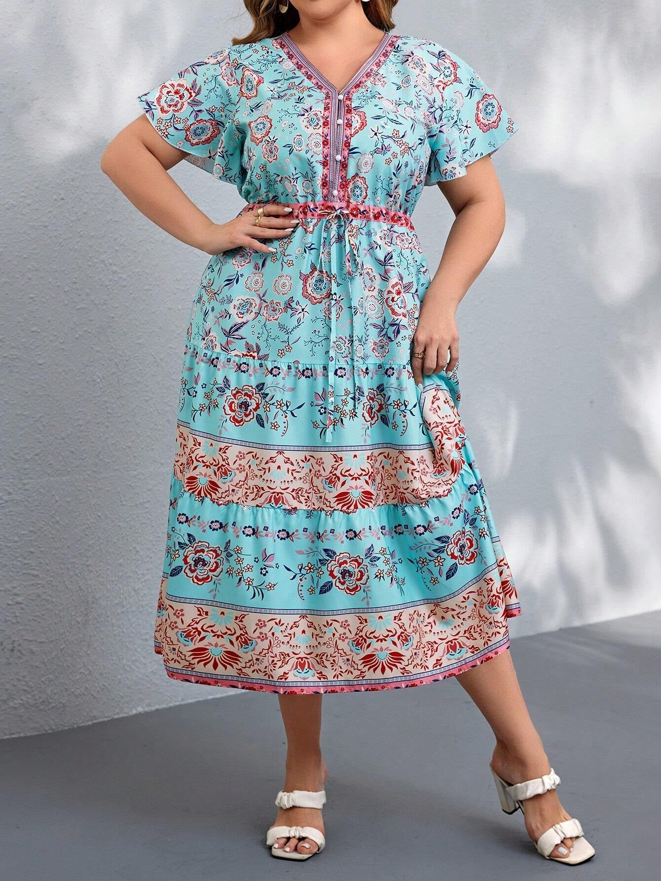 VCAY plus Size Random Printed V-Neck Dress