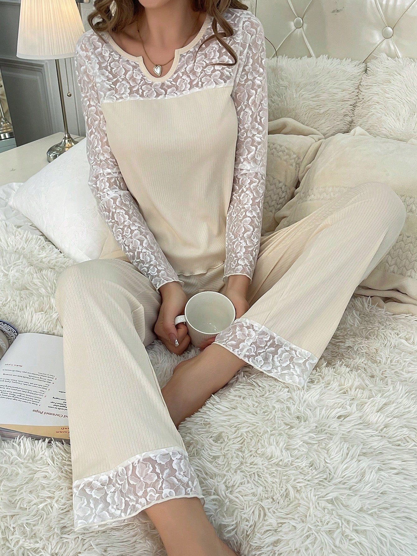 Contrast Lace Notched Neckline Contrast Lace PJ Set