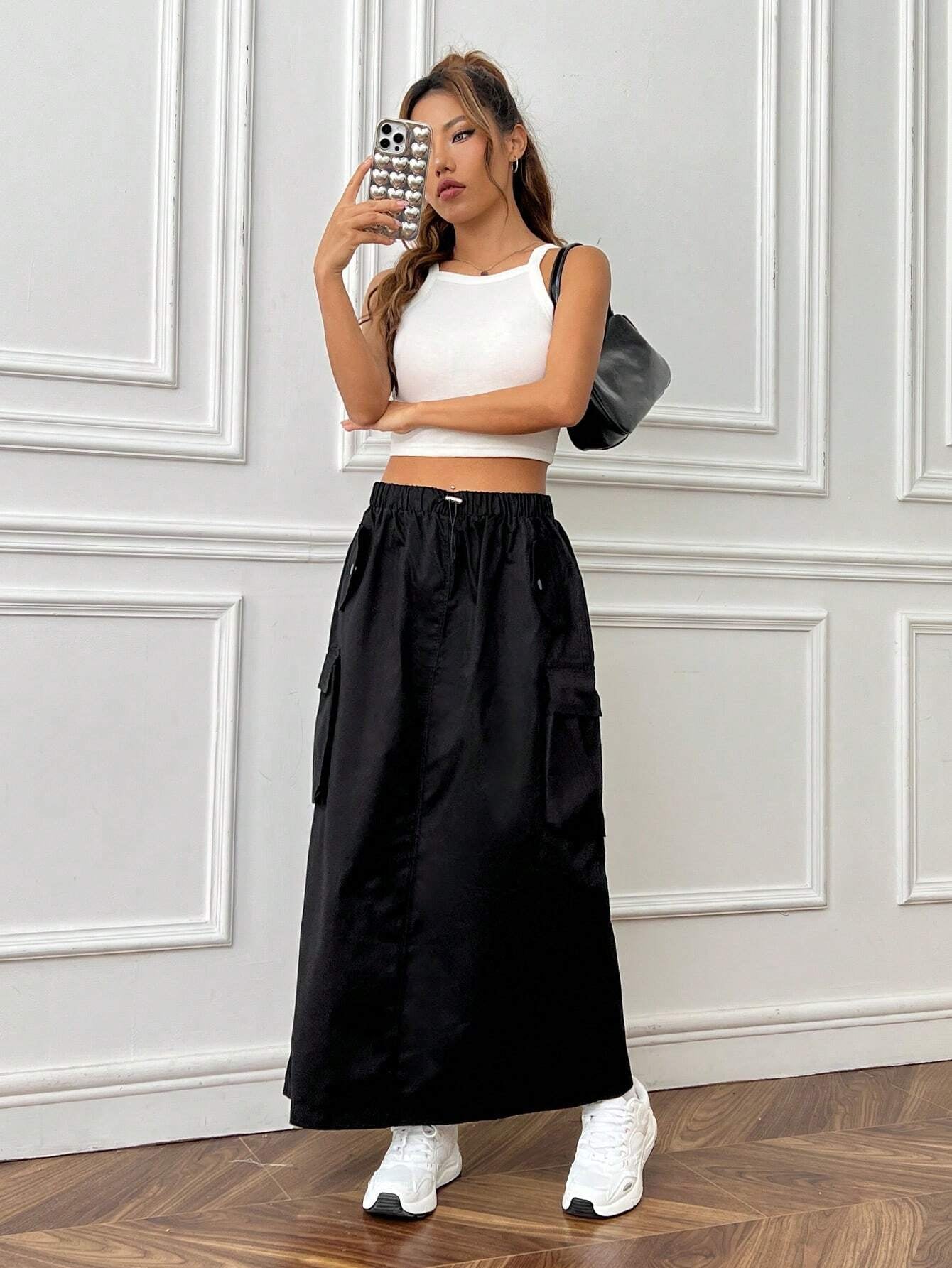 Ezwear Flap Pocket Side Drawstring Waist Cargo Skirt