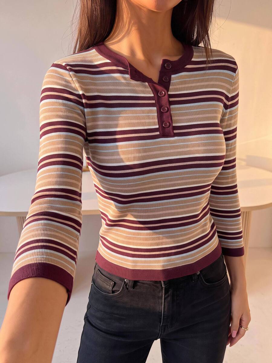 SHEIN Firerie تي شيرت نسائي بأكمام طويلة وتصميم هينلي