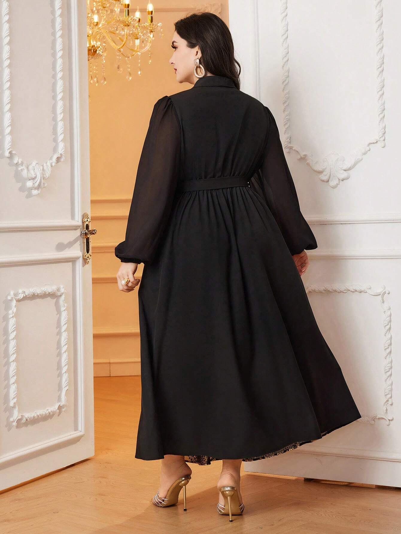 Modely plus Size Lantern Sleeves Belted Shirt Dress