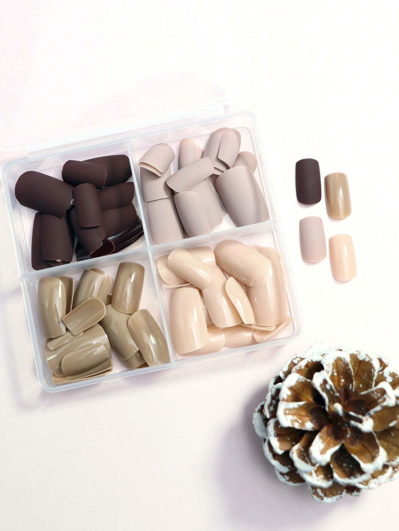 4 Colors (96 Pcs) Square Shape Press Nails Medium Size False Nails Brown Series Fake Nails Acrylic Faux Gloss Design Nails Full Coverage Nails for Women and Girls as Gifts