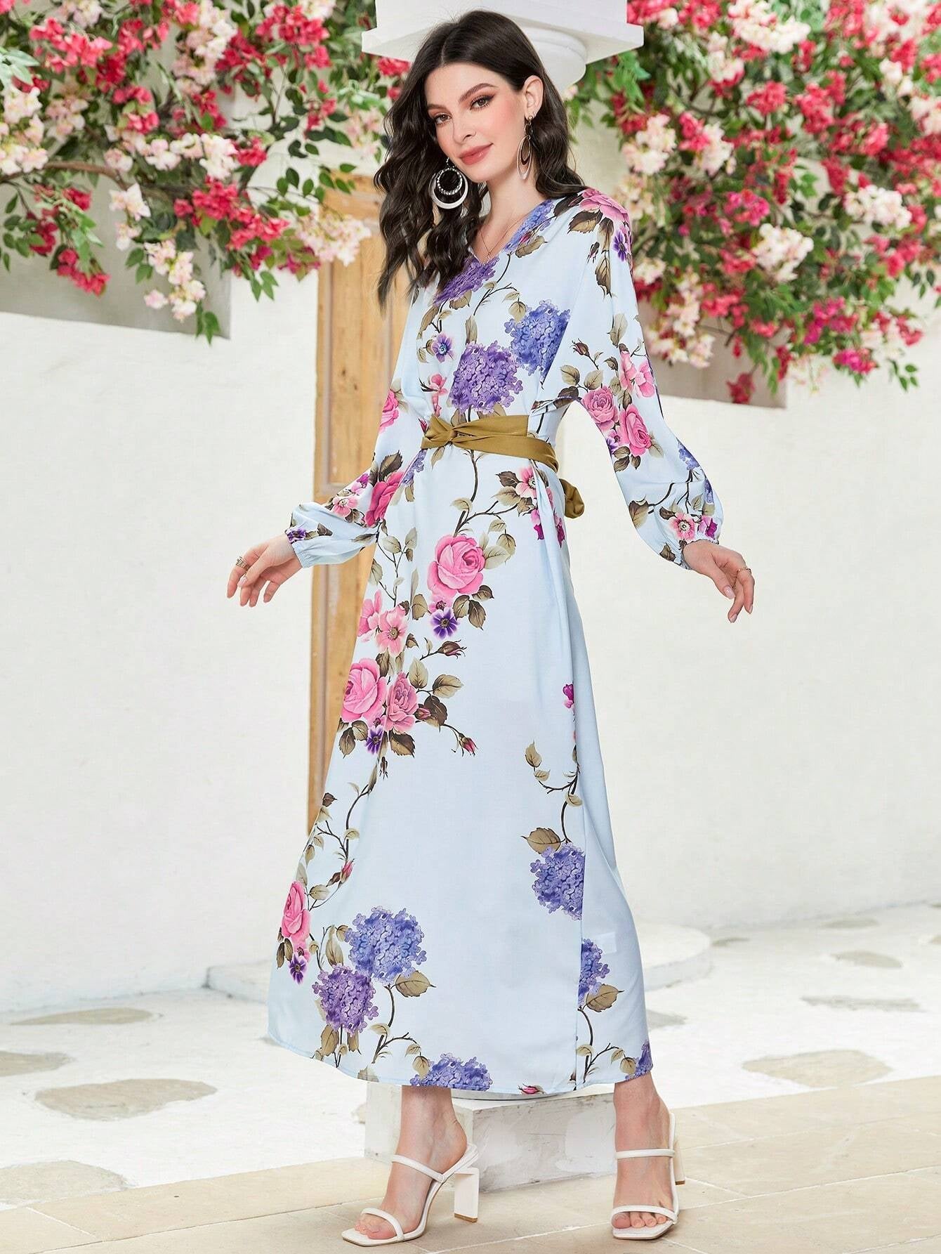 Mulvari Floral Print Lantern Sleeve Dress