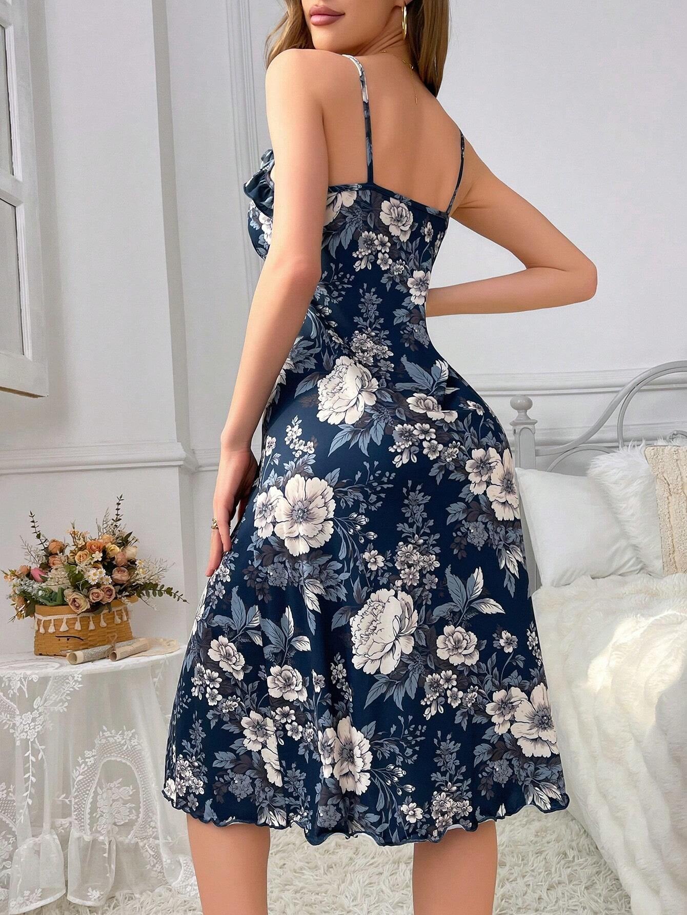 Pati Paints Women'S Floral Print Cami Dress with Frill Trim and Decoration, Sleepwear