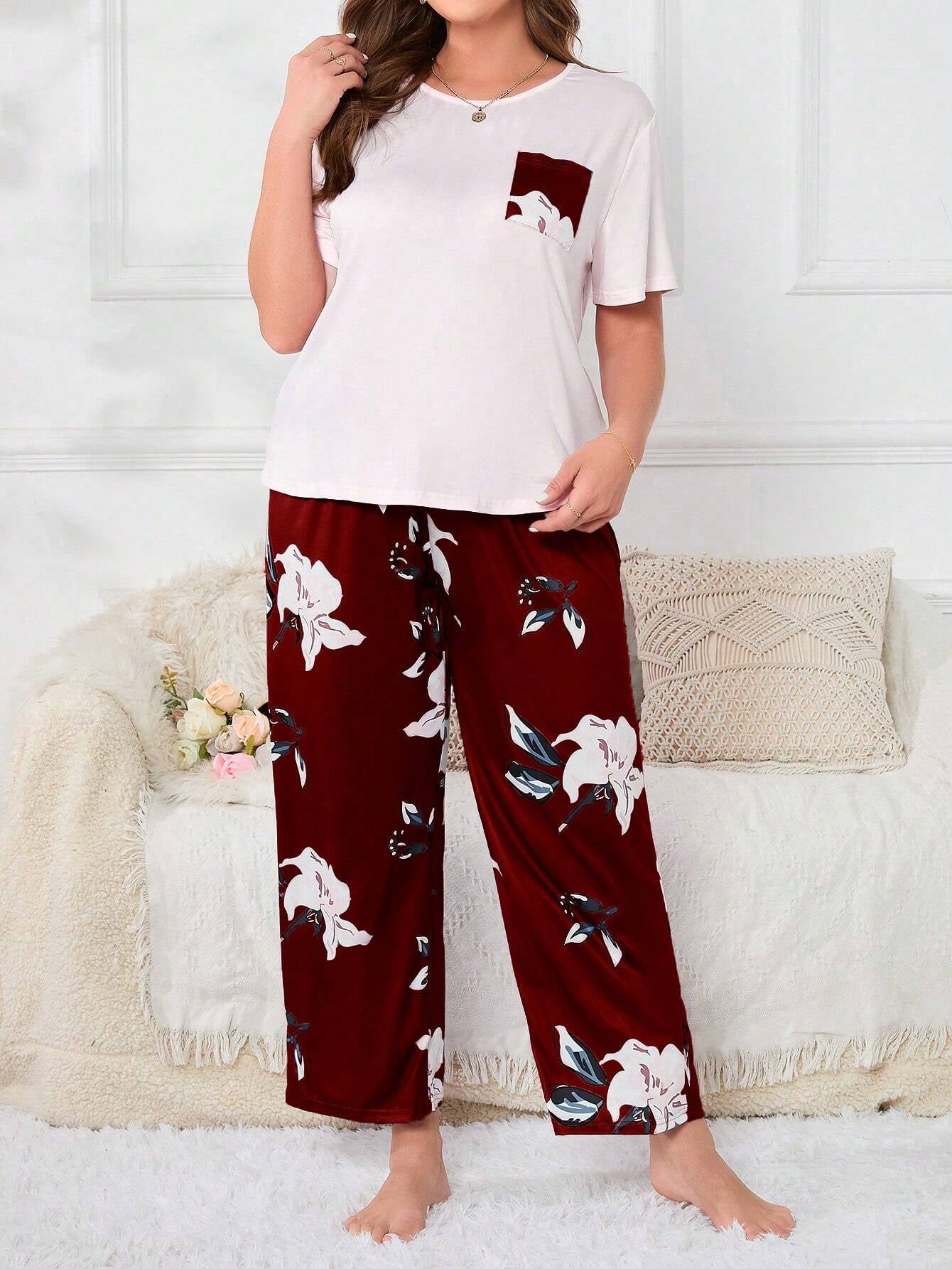 Plus Size Flower Print Pajama Set
