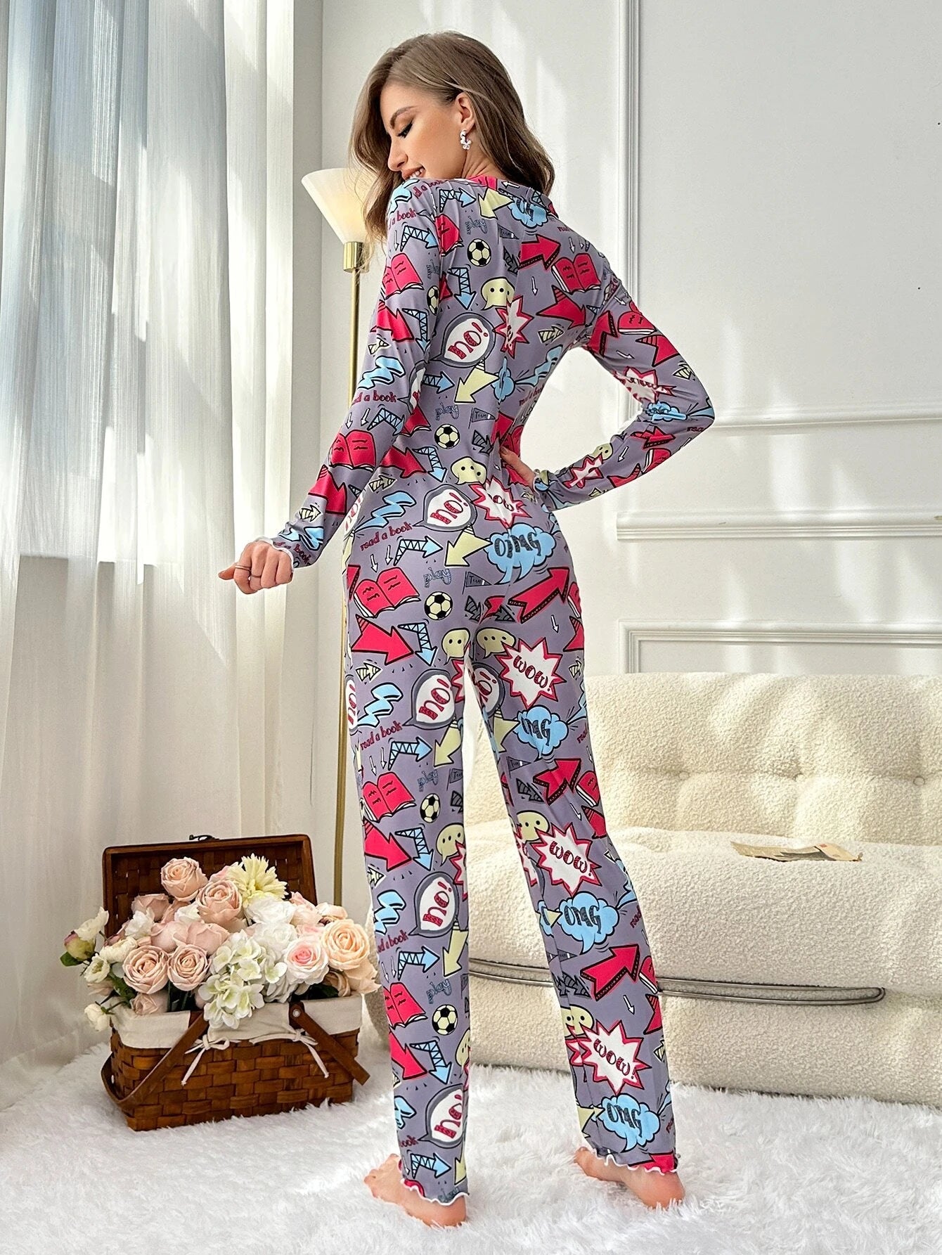 Koala & Heart Print Half Button Lettuce Trim Sleep Jumpsuit