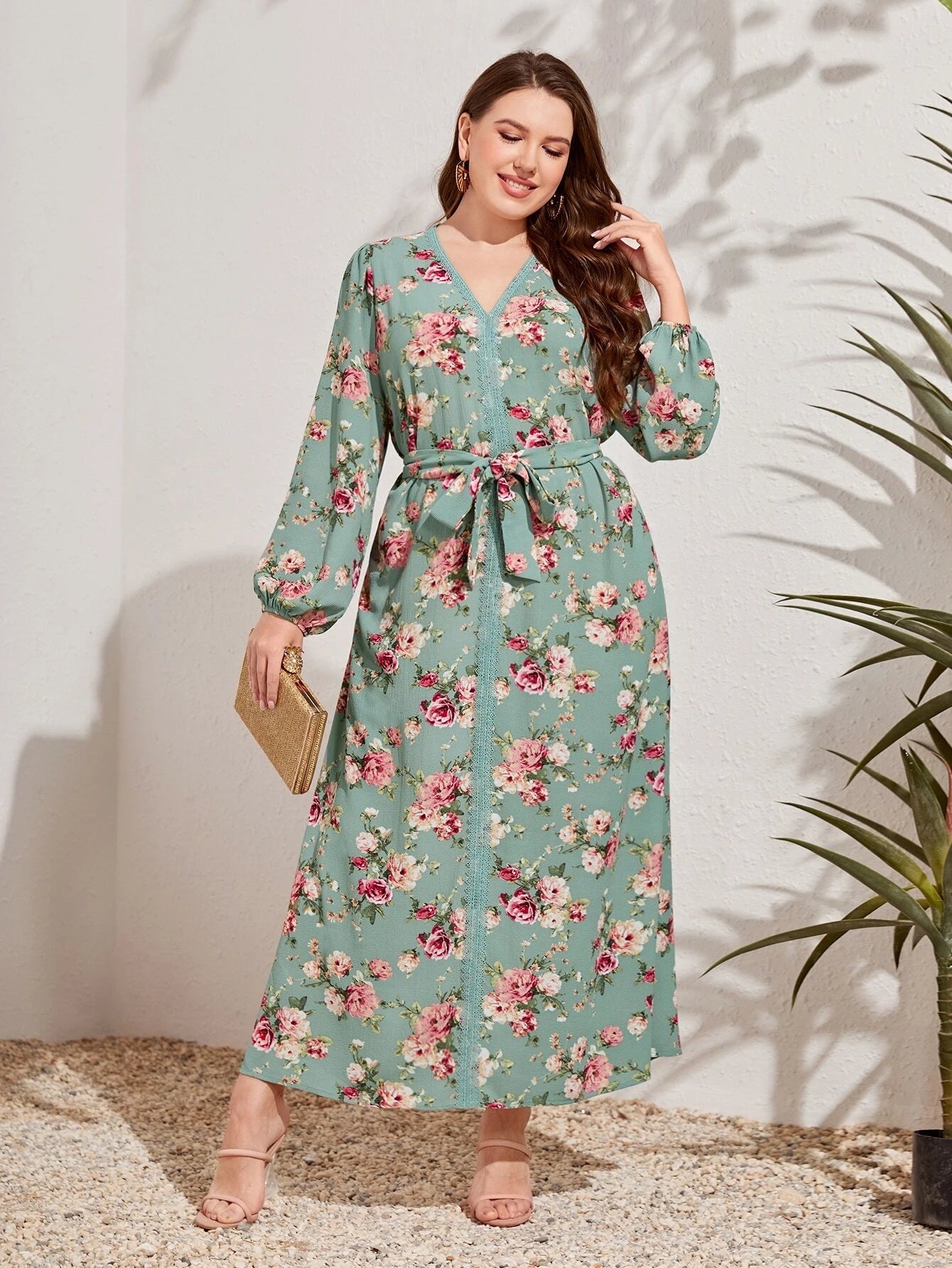Mulvari plus Size Floral Print Lace Trim Lantern Sleeve Dress