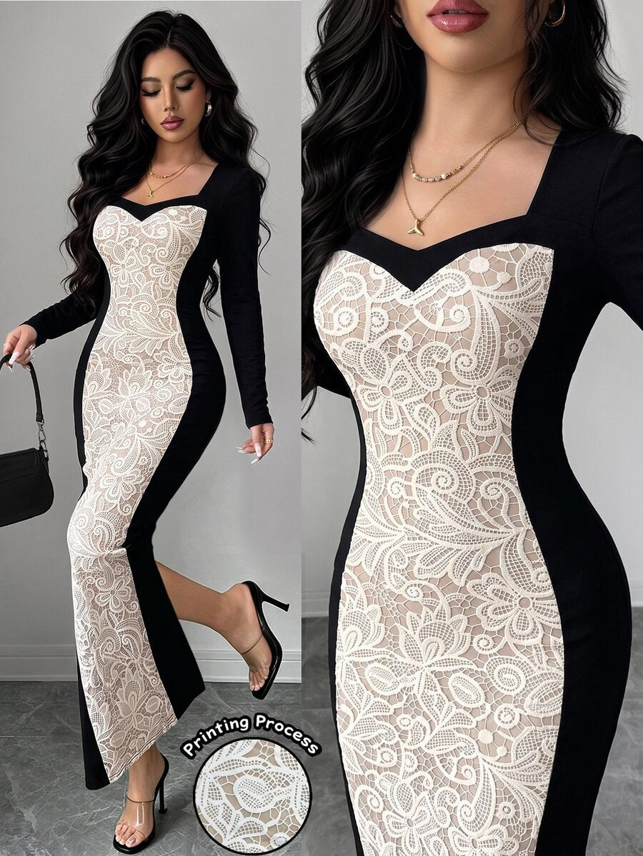 SHEIN Elenzga فستان أسود مطبوع برقعات دانتيل وأكمام طويلة