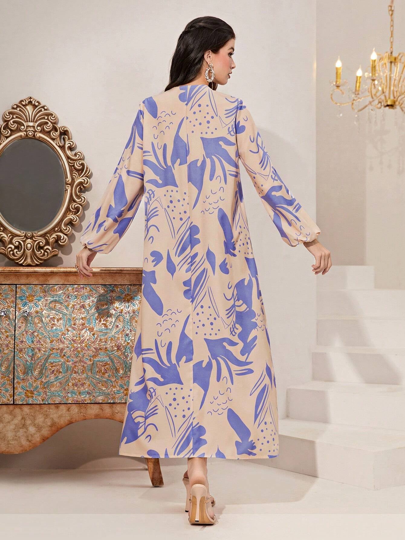 Najma Allover Print V Neck Lantern Sleeve Dress