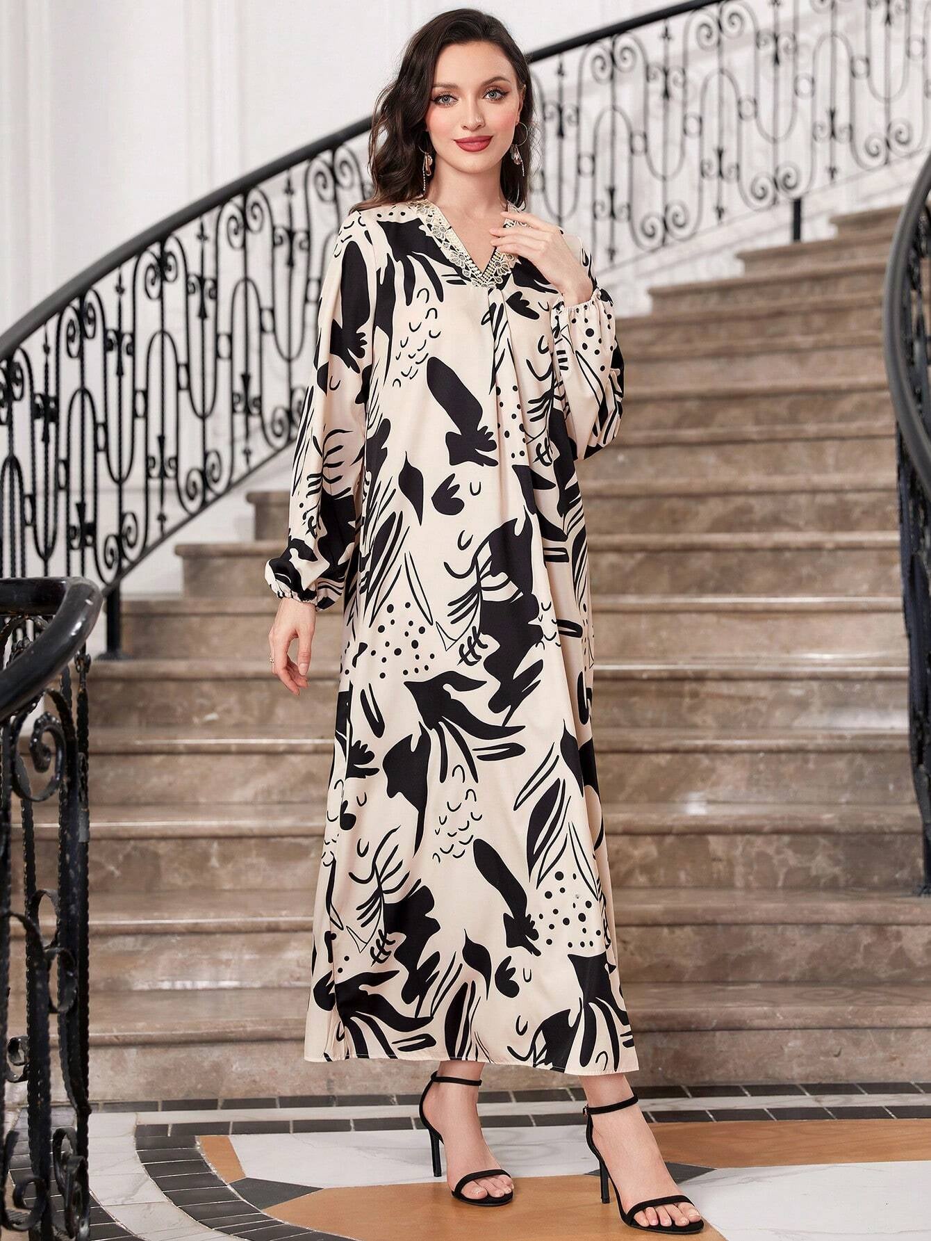 Najma Allover Print V Neck Lantern Sleeve Dress