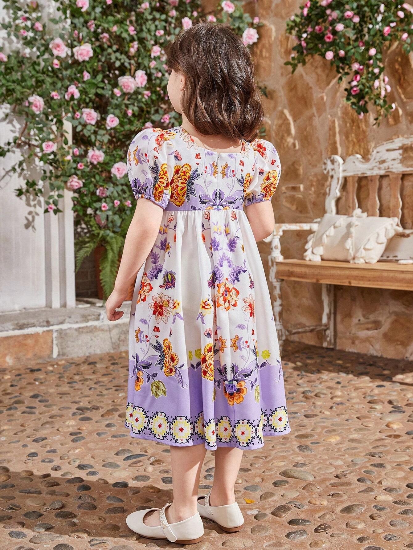 Young Girls' Square Neck Puff Sleeve Floral Dress, Mommy and Me Matching Outfits (2 Pieces Sold Separately)