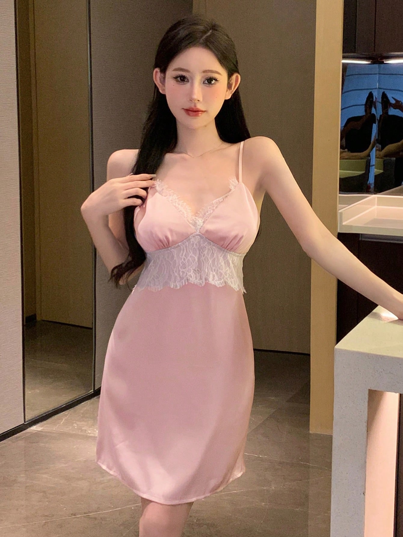 DAZY Ladies" Romantic Lace Patchwork Satin Empire Waist Camisole Sleep Dress
