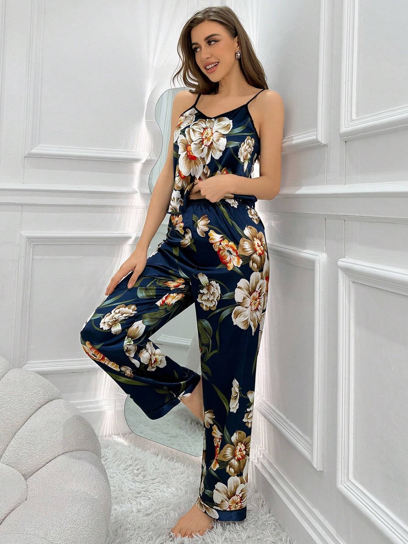 Women'S Floral Printed Satin Cami Top & Pants Set