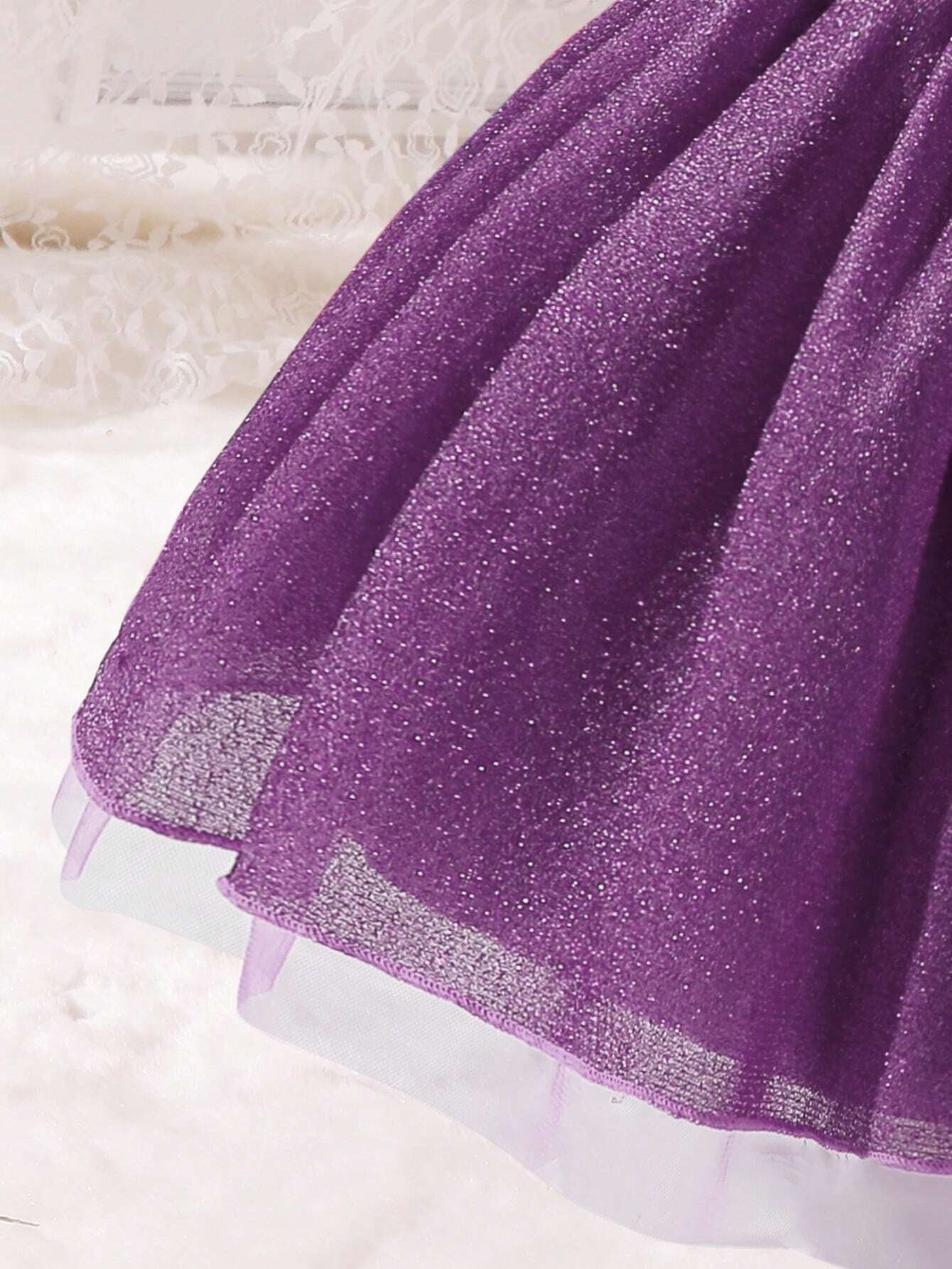 Young Girl Asymmetrical Collar Princess Style Tulle Dress with Ribbon Decor, Perfect for Parties