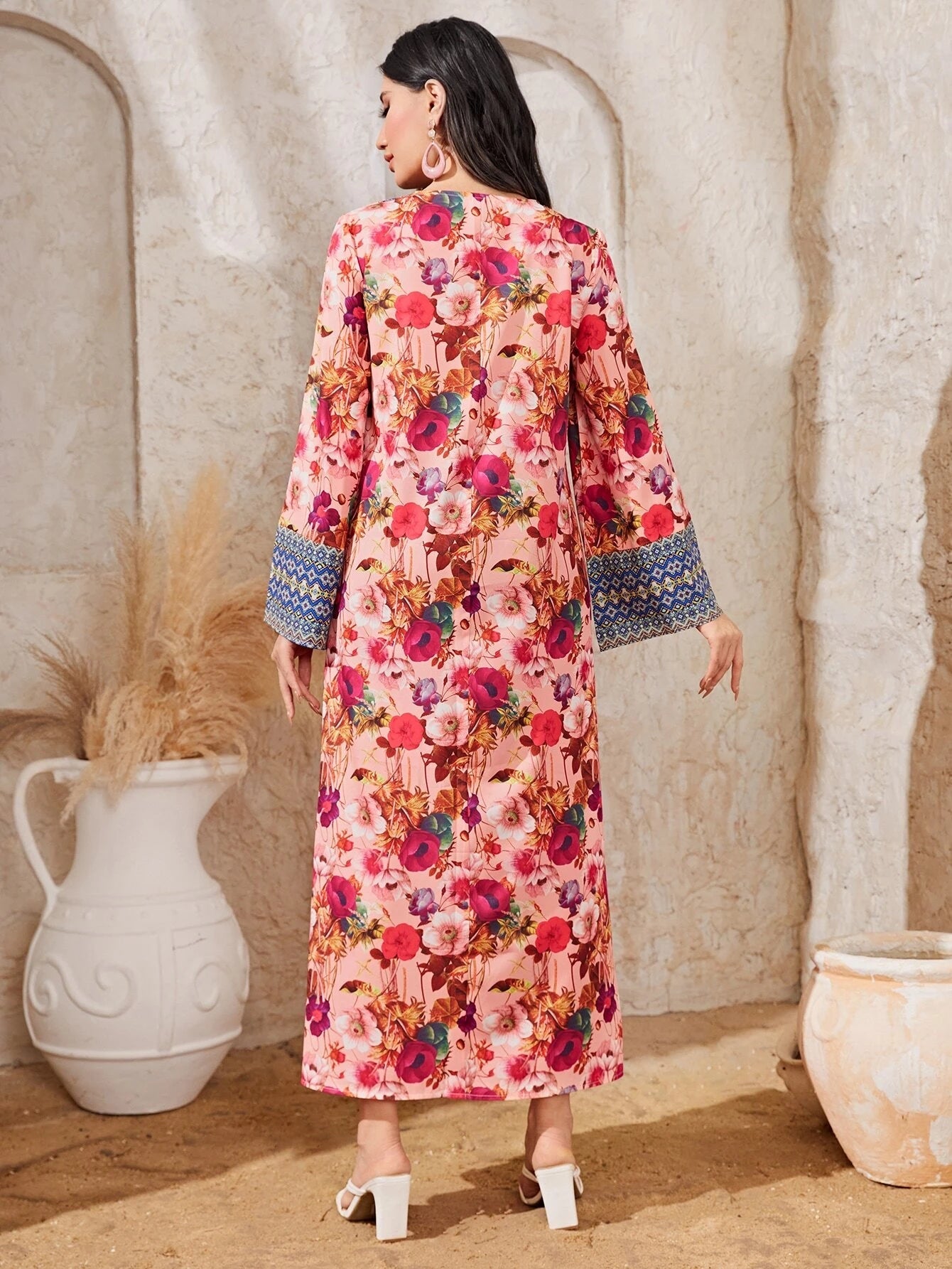 Najma Floral Print V Neck Flounce Sleeve Dress