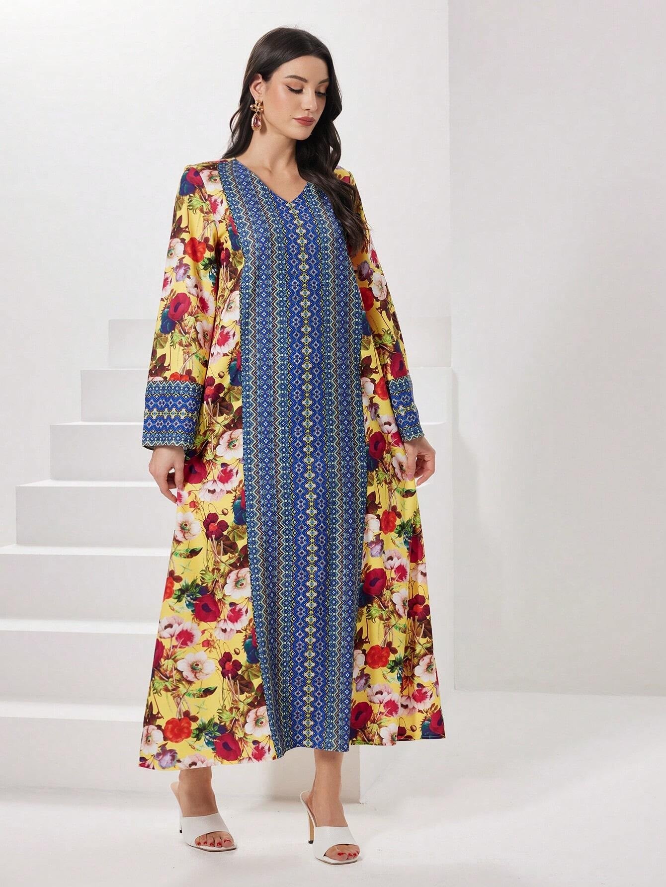 Najma Floral Print V Neck Flounce Sleeve Dress