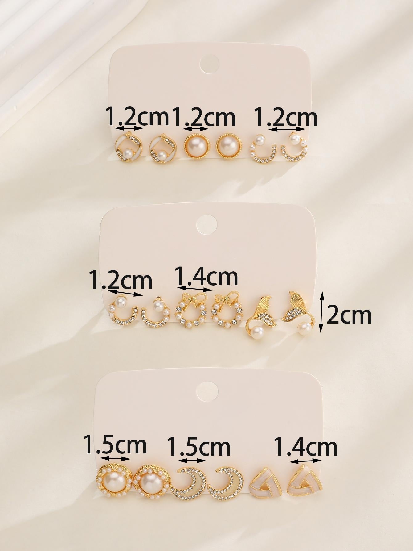 9Pairs/Set Fashionable Zinc Alloy Rhinestone Moon & Faux Pearl Decor Stud Earrings for Women for Daily Decoration