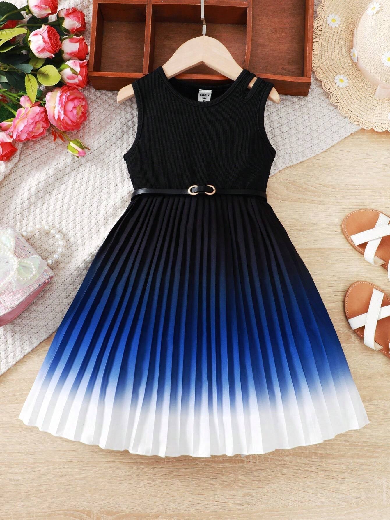 Young Girl Gradient Colorblock Pleated Hem Sleeveless Dress for Summer