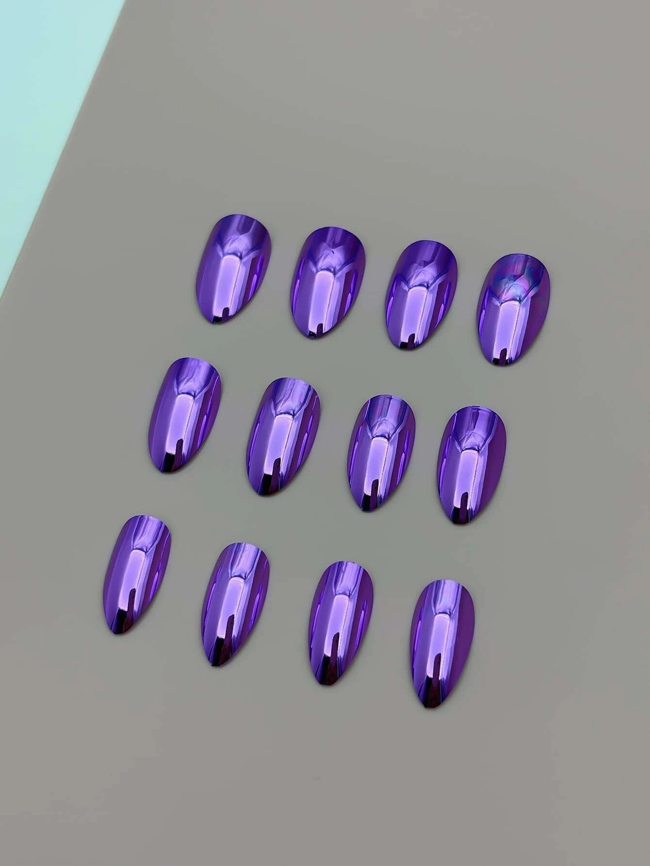 Transform Your Nails with 24Pcs Short Almond Purple Mirror Effect Solid Glossy Plain Fake Nail & 1Pc Nail File & 1Sheet Tape