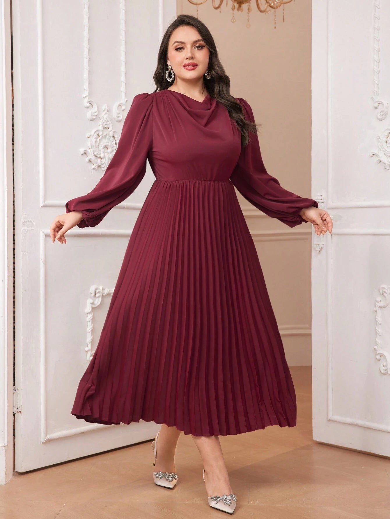 Modely plus Size Solid Color Draped Collar Lantern Sleeve Dress