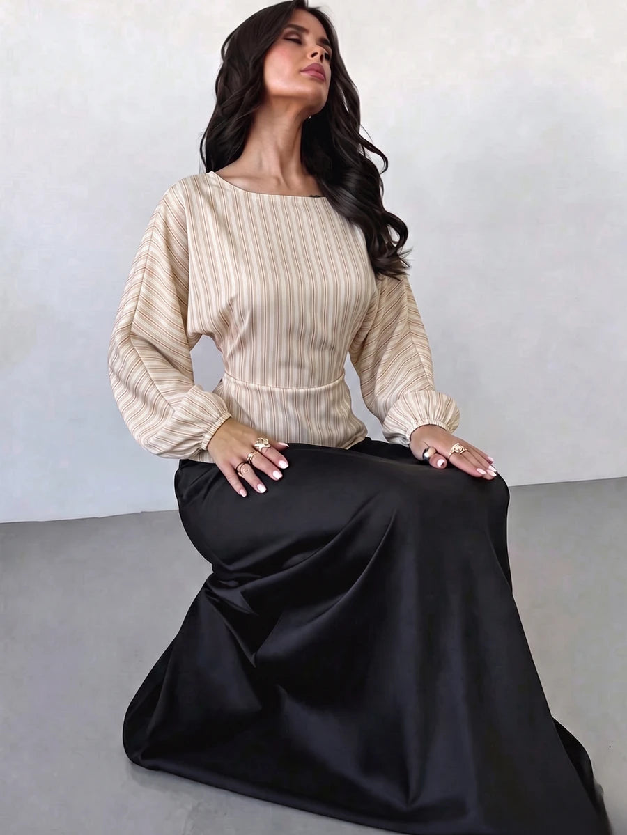 SHEIN Firerie بلوزة نسائية مخططة بياقة دائرية وأكمام جناح الخفاش