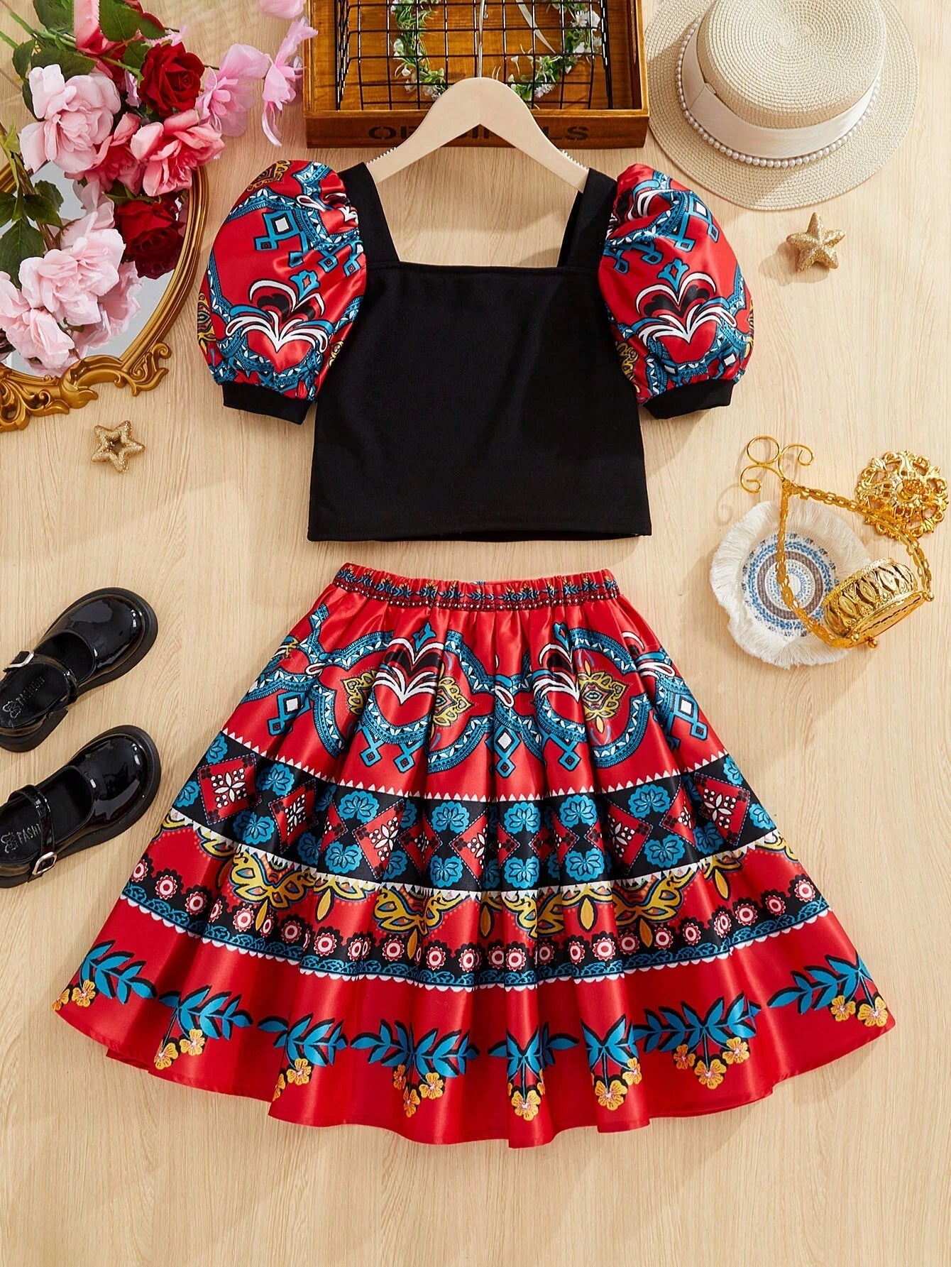 Tween Girls' Cute Square Neck Puff Sleeve Shirt and Retro Printed A-Line Skirt Two Piece Set