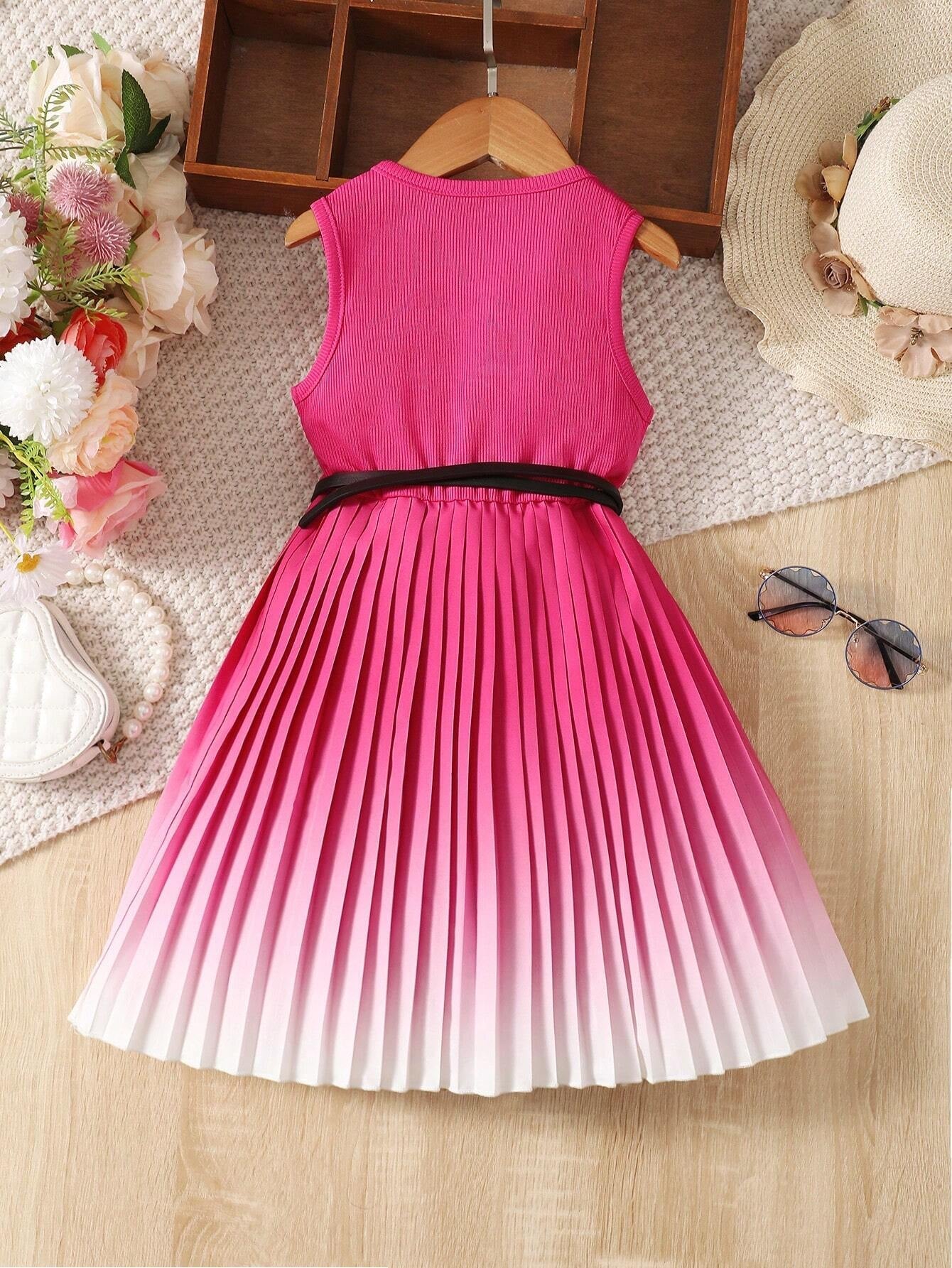 Young Girl Gradient Colorblock Pleated Hem Sleeveless Dress for Summer