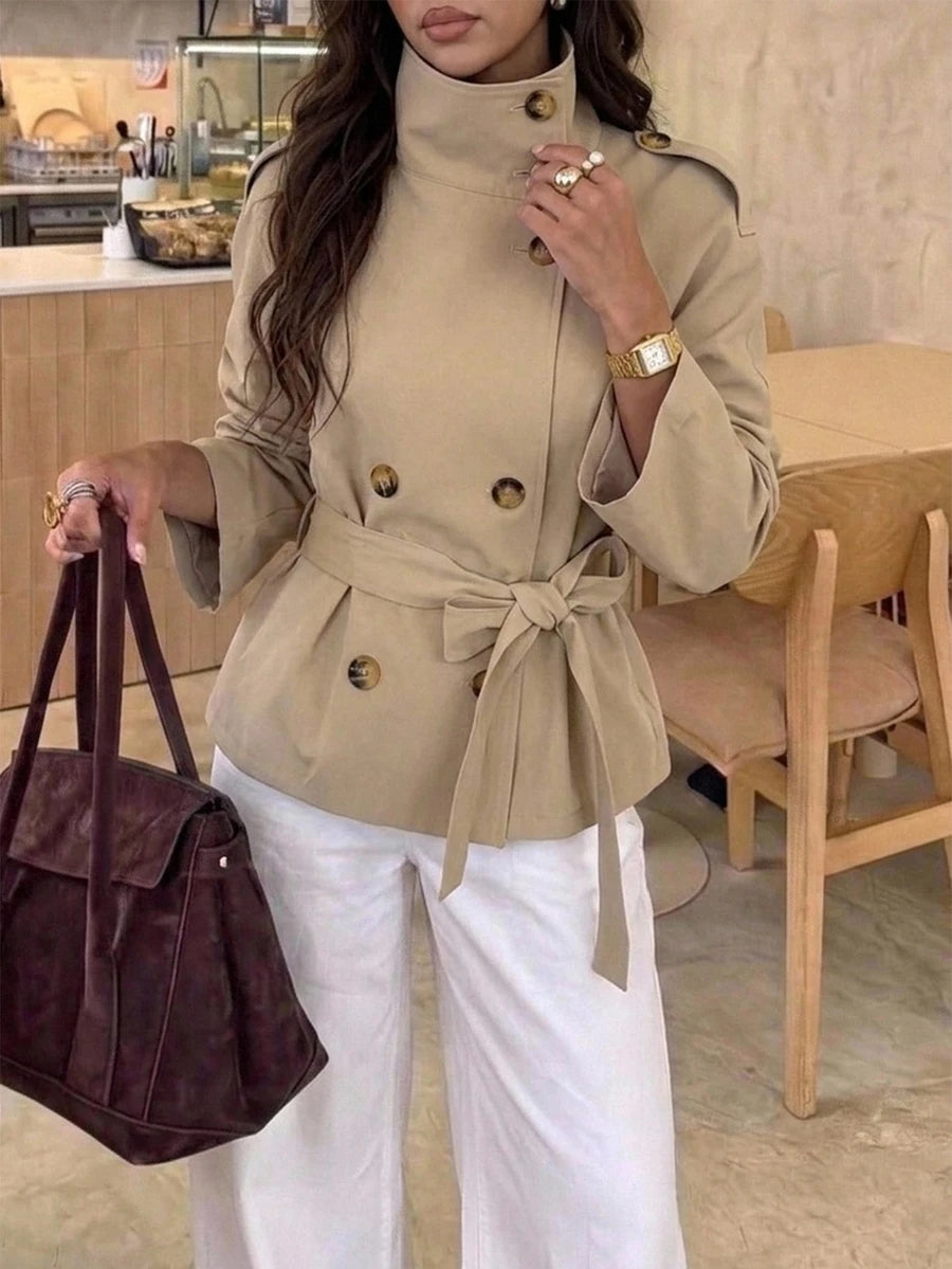 SHEIN Aloruh معطف ترنش نسائي بلون كاكي بخصر محدد