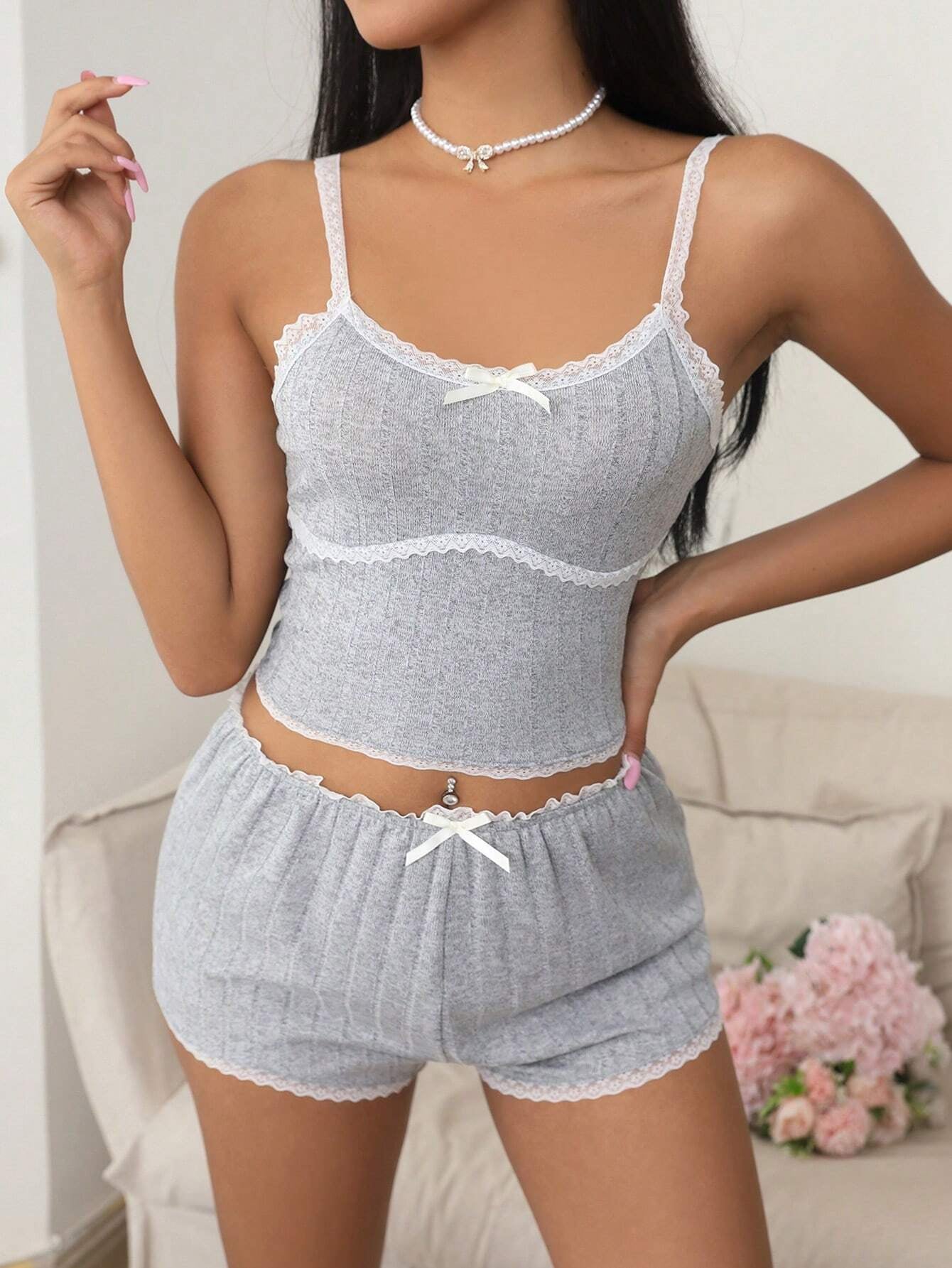 Size-Tag Lace Shoulder Straps Women Pajama Set