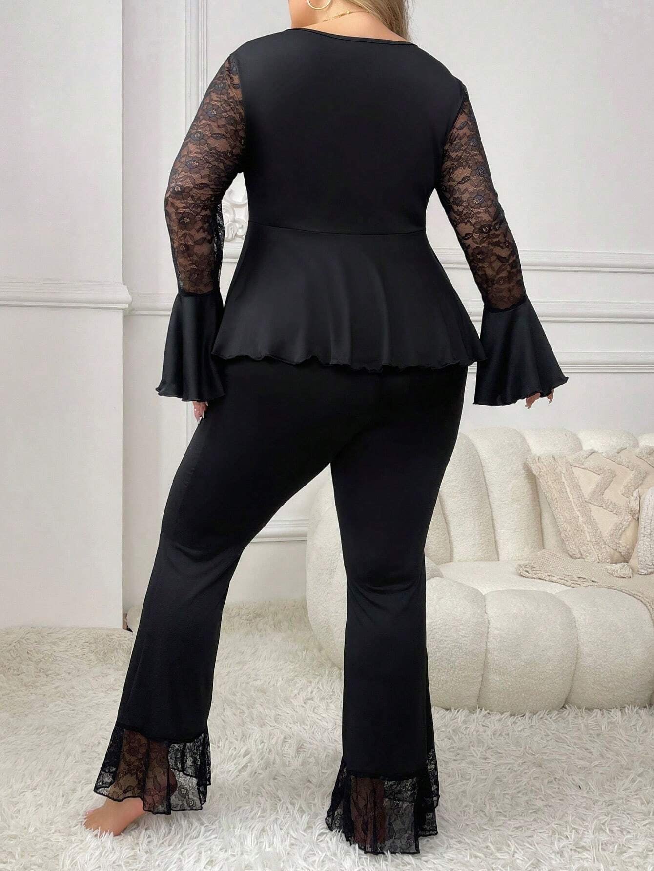 Lace Patchwork Drawstring Waist Long Sleeve Top with Bell Bottom Pants, plus Size Women'S Pajama Set