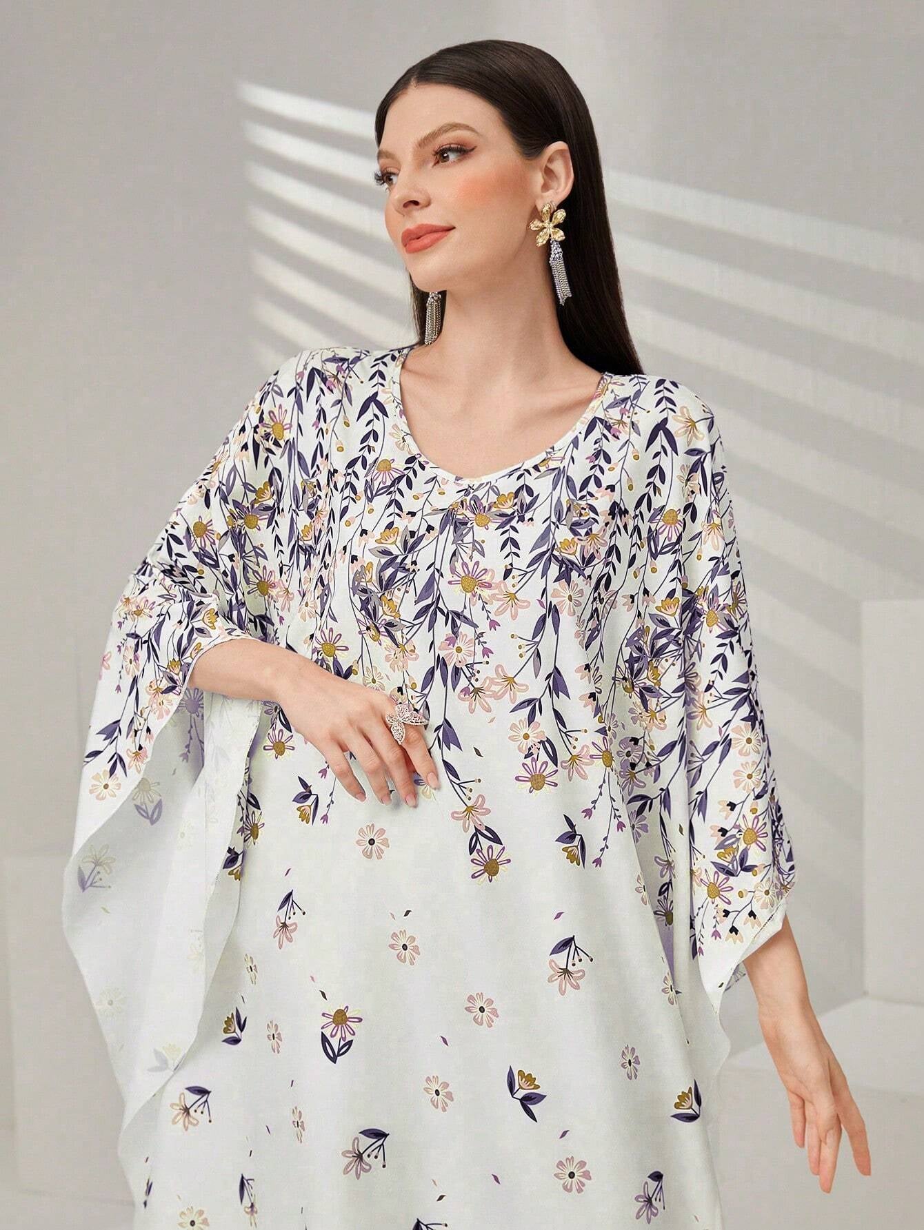 Najma Women'S Floral Print Batwing Sleeve Turkish Long Shirt