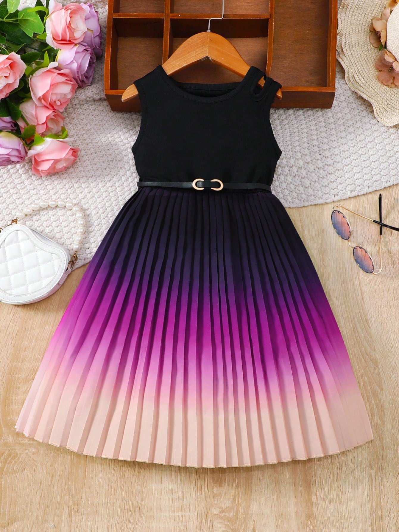 Young Girl Gradient Colorblock Pleated Hem Sleeveless Dress for Summer