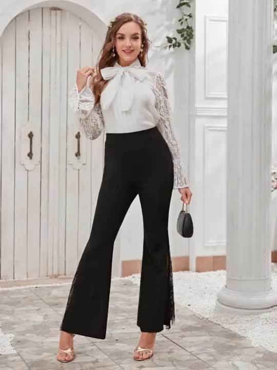 SHEIN Modelyn بنطلون نسائي أسود بقصة فلير واسعة ومزين بالدانتيل الجانبي من