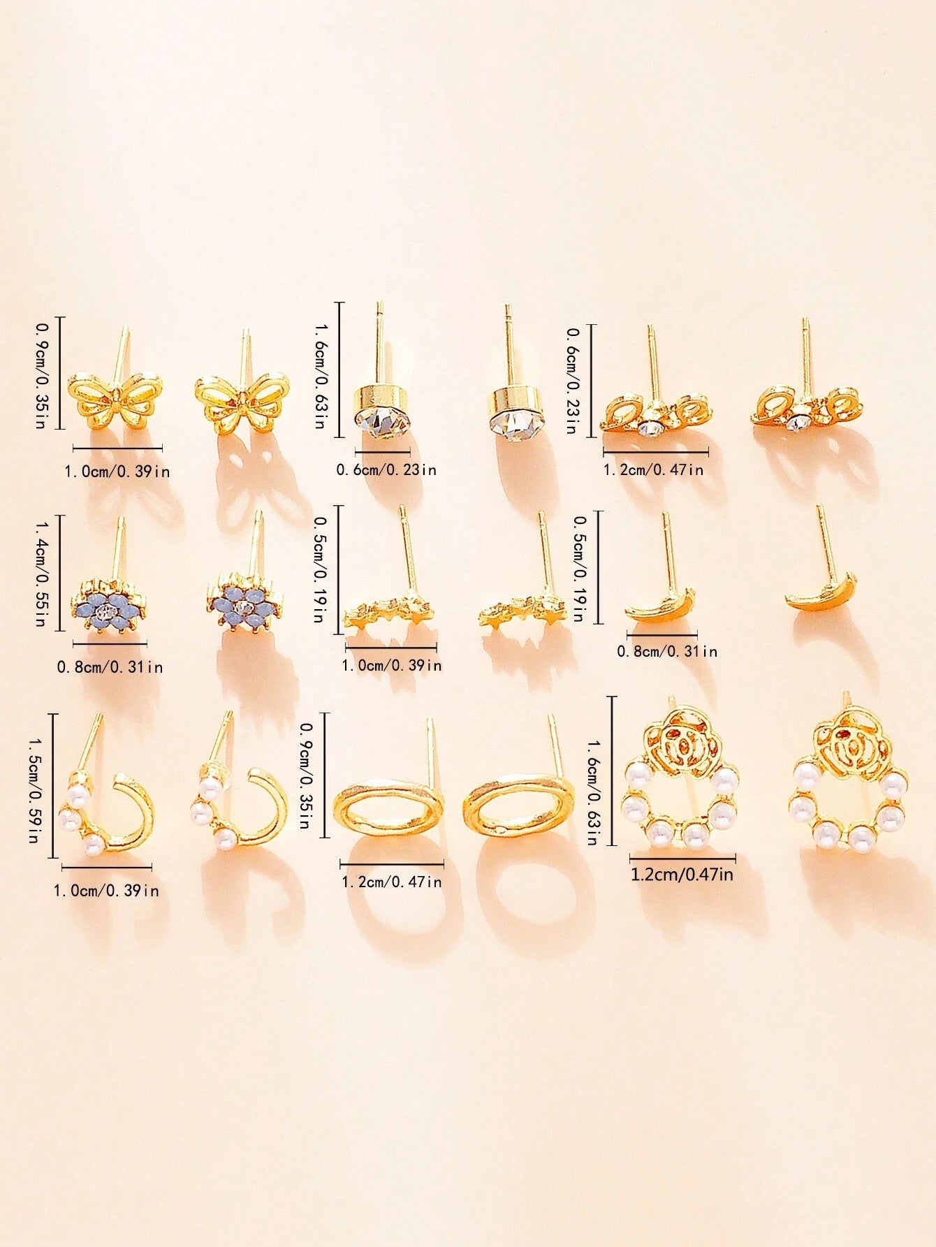 9Pairs/Set Rhinestone & Flower Decor Stud Earrings