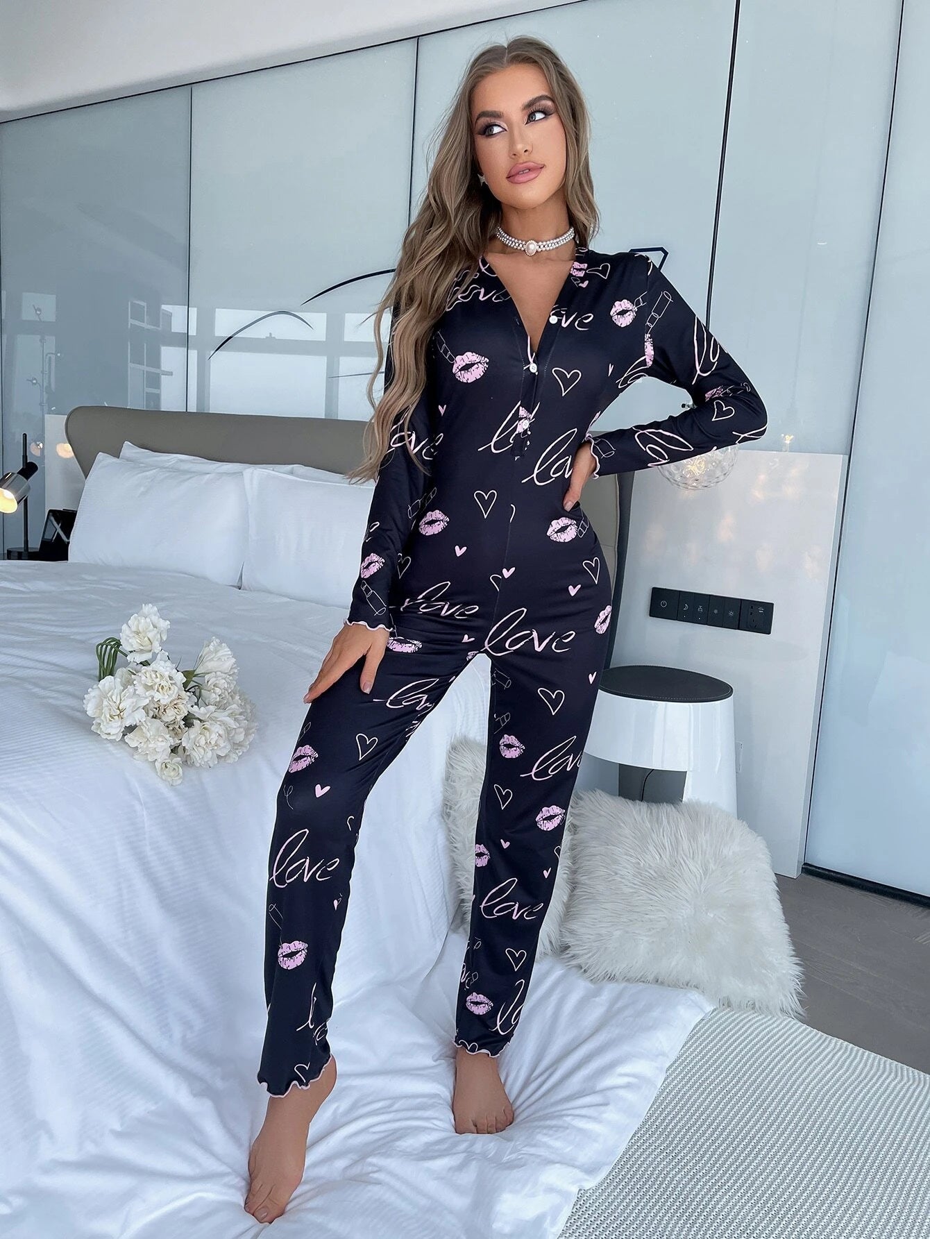 Koala & Heart Print Half Button Lettuce Trim Sleep Jumpsuit