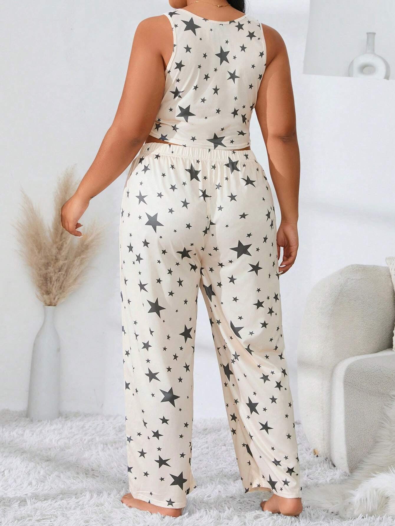 Plus Size Women'S Star Print Tank Top and Shorts Pajama Set