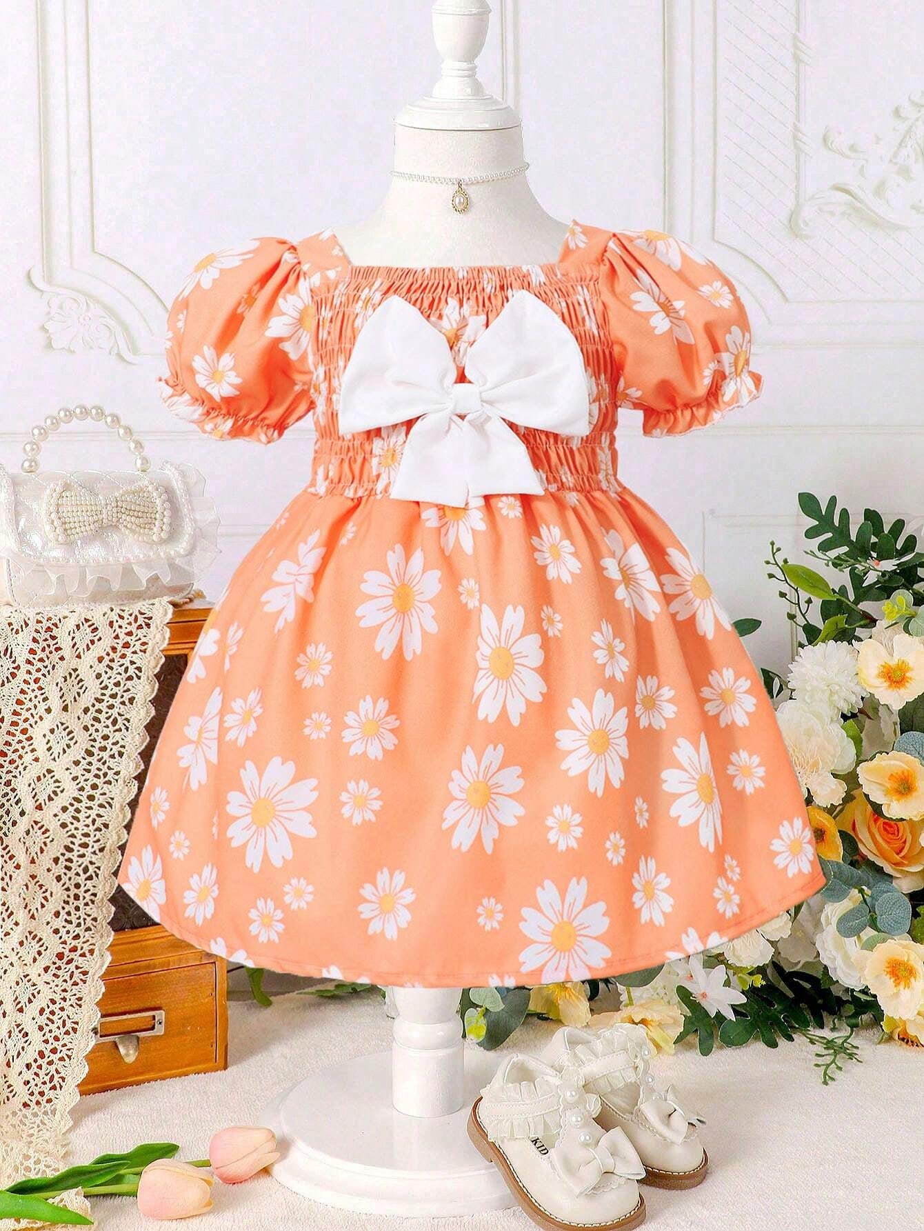 Baby Girl Floral Print Bow Front Puff Sleeve Dress