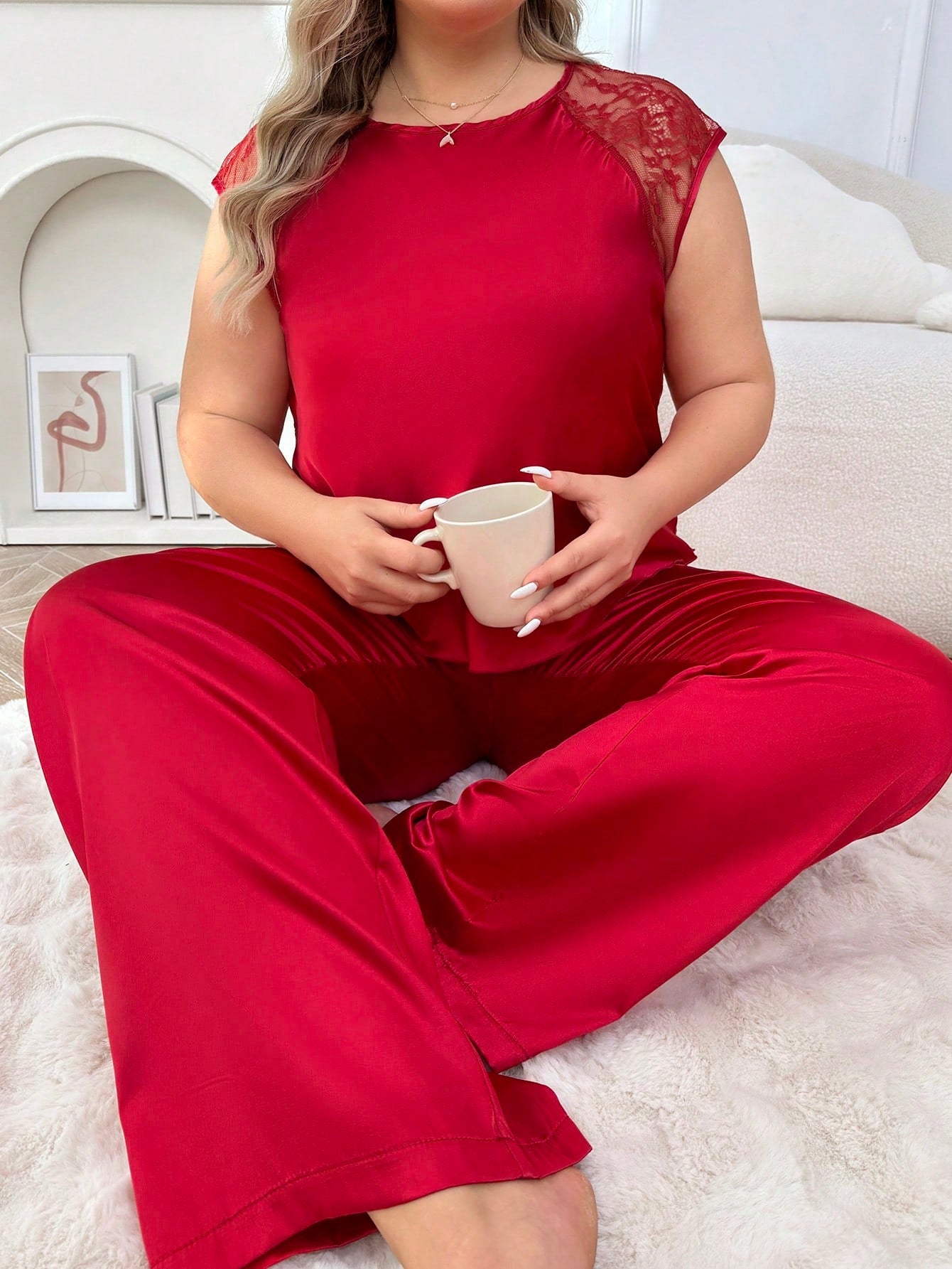 Plus Size Women Backless Lace Panel Satin Pajama Set with Sleeves and Pants
