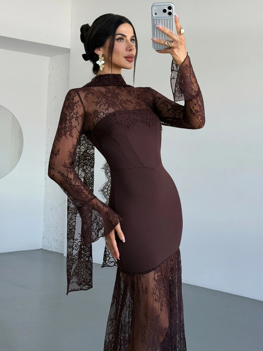 SHEIN Firerie فستان بني بأكمام طويلة وتفاصيل دانتيل وشريط شفاف